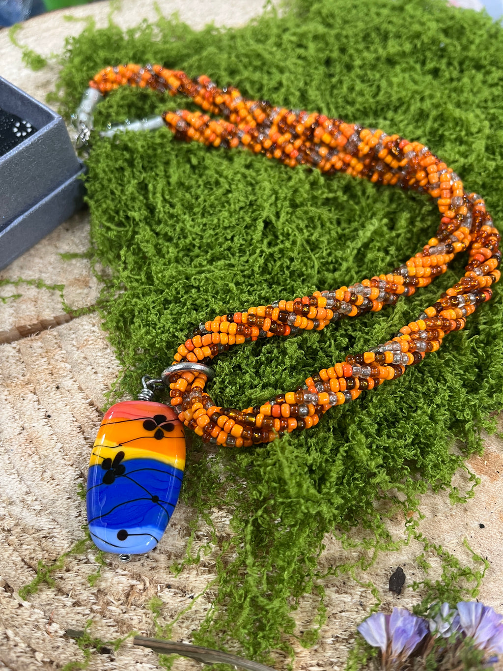 Handmade Glass Pendant With Beaded Chain-The Wild Fig &amp; Fern