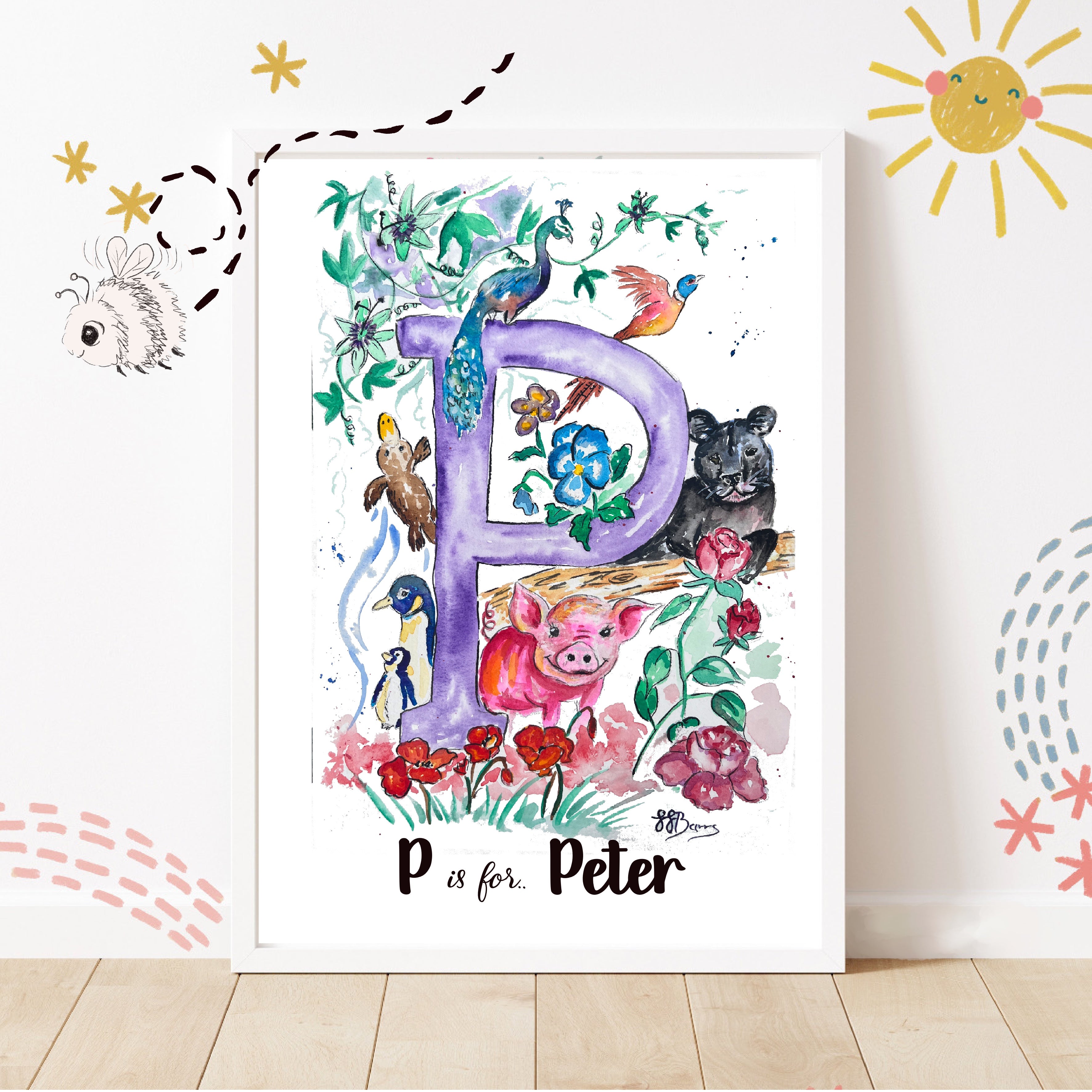 *P* A4/A3 Custom Name And Letter, Watercolour Art Print
