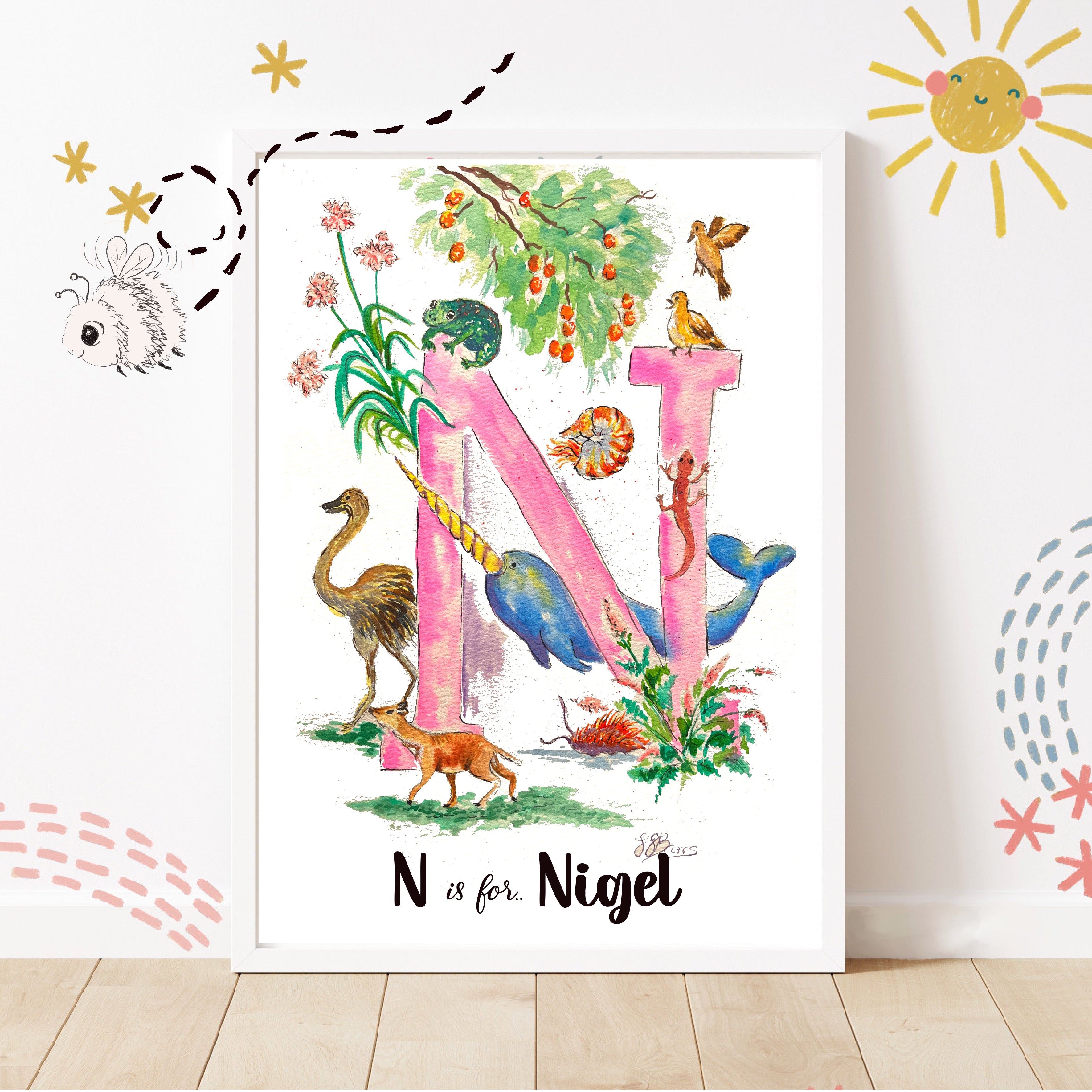 *N* A4/A3 Custom Name And Letter, Watercolour Art Print image 0