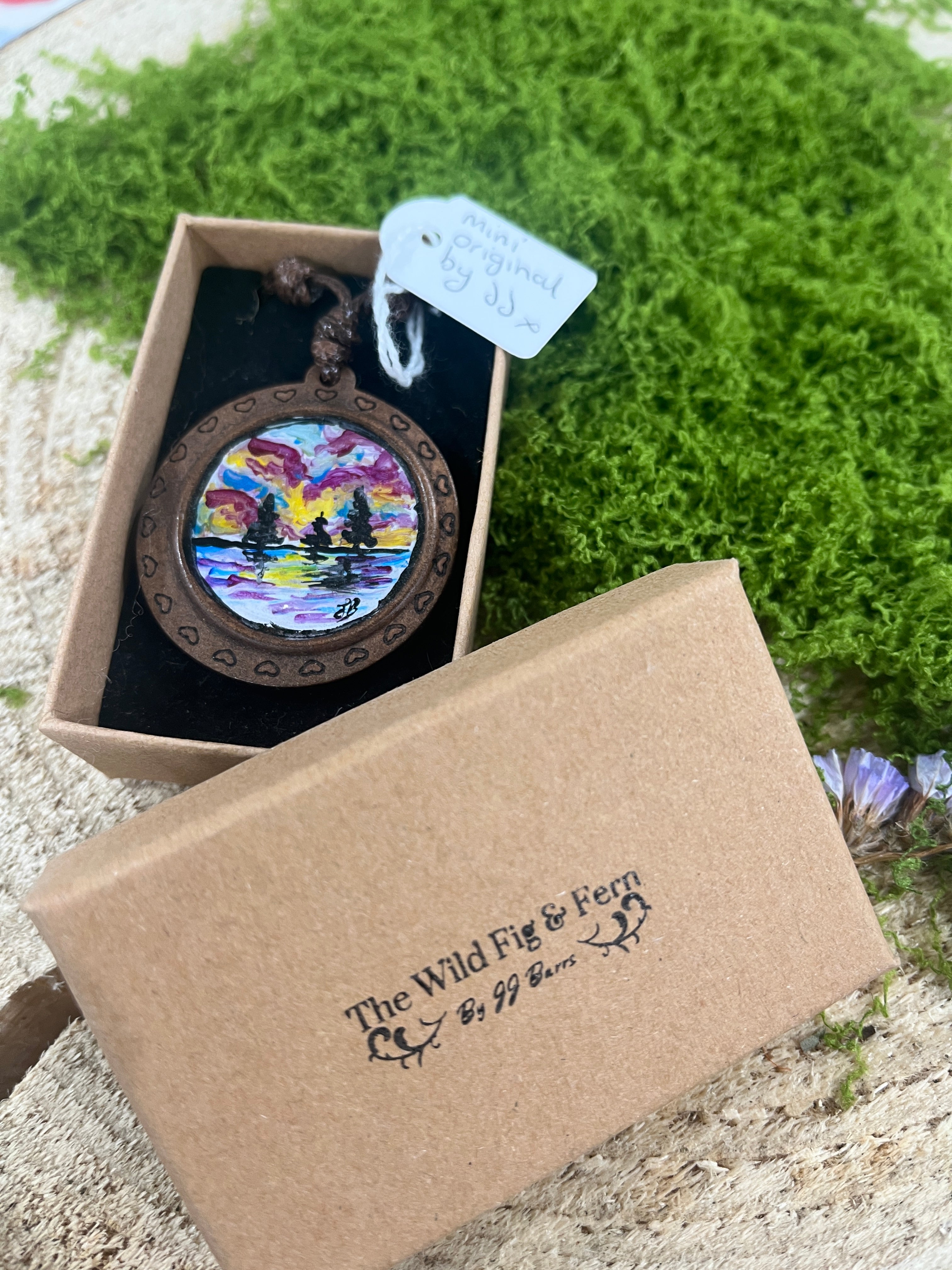 Hand Painted Mini Original Wooden Necklace, Unique Gift scenery-The Wild Fig &amp; Fern