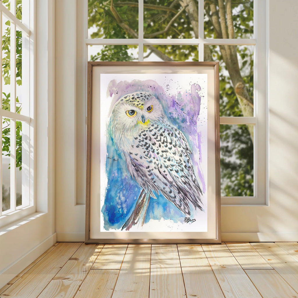 Colourful ‘Snowey Owl’  JJ Barrs using colourful watercolour l fine art Painting Print