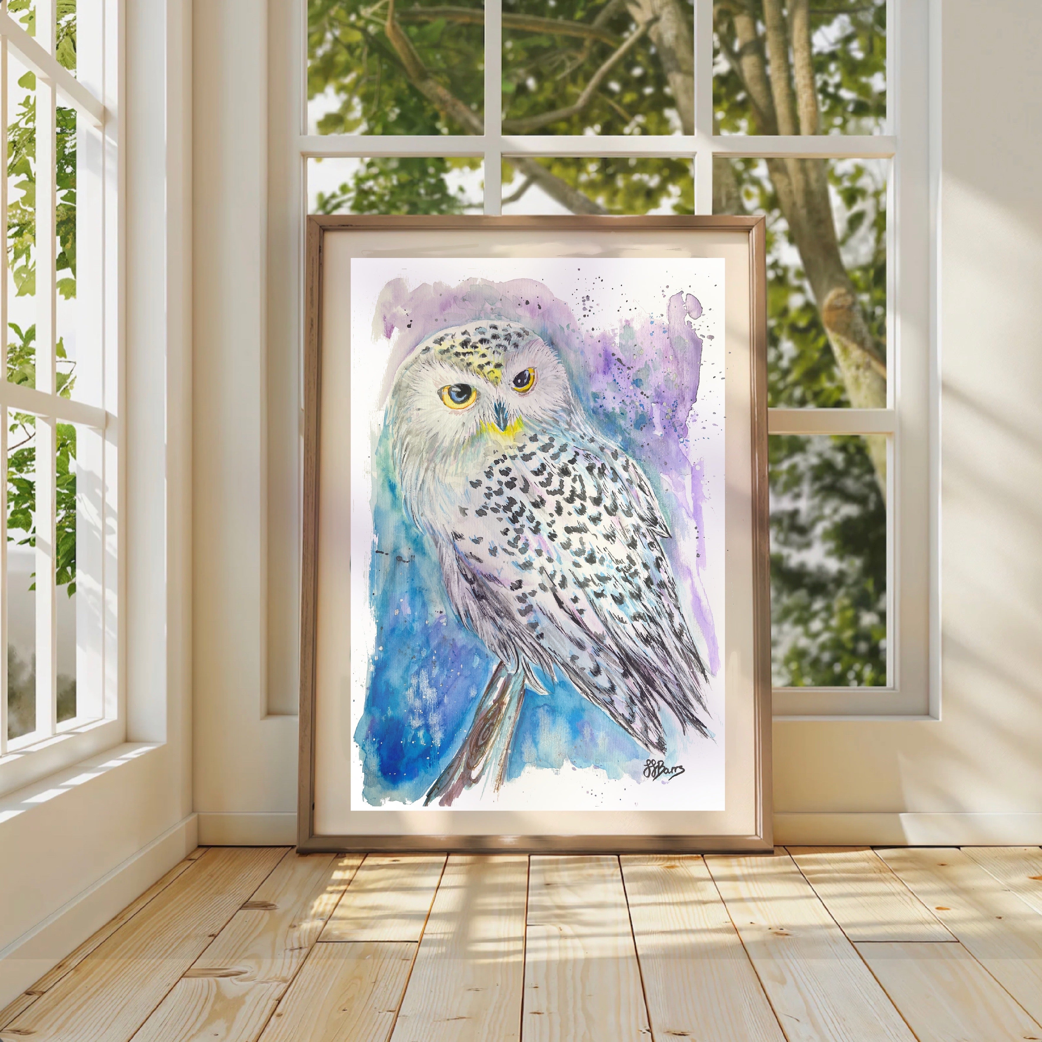 Colourful ‘Snowey Owl’  JJ Barrs using colourful watercolour l fine art Painting Print