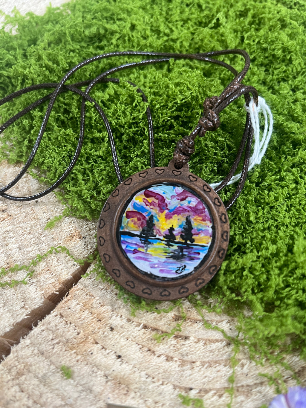 Hand Painted Mini Original Wooden Necklace, Unique Gift scenery-The Wild Fig &amp; Fern