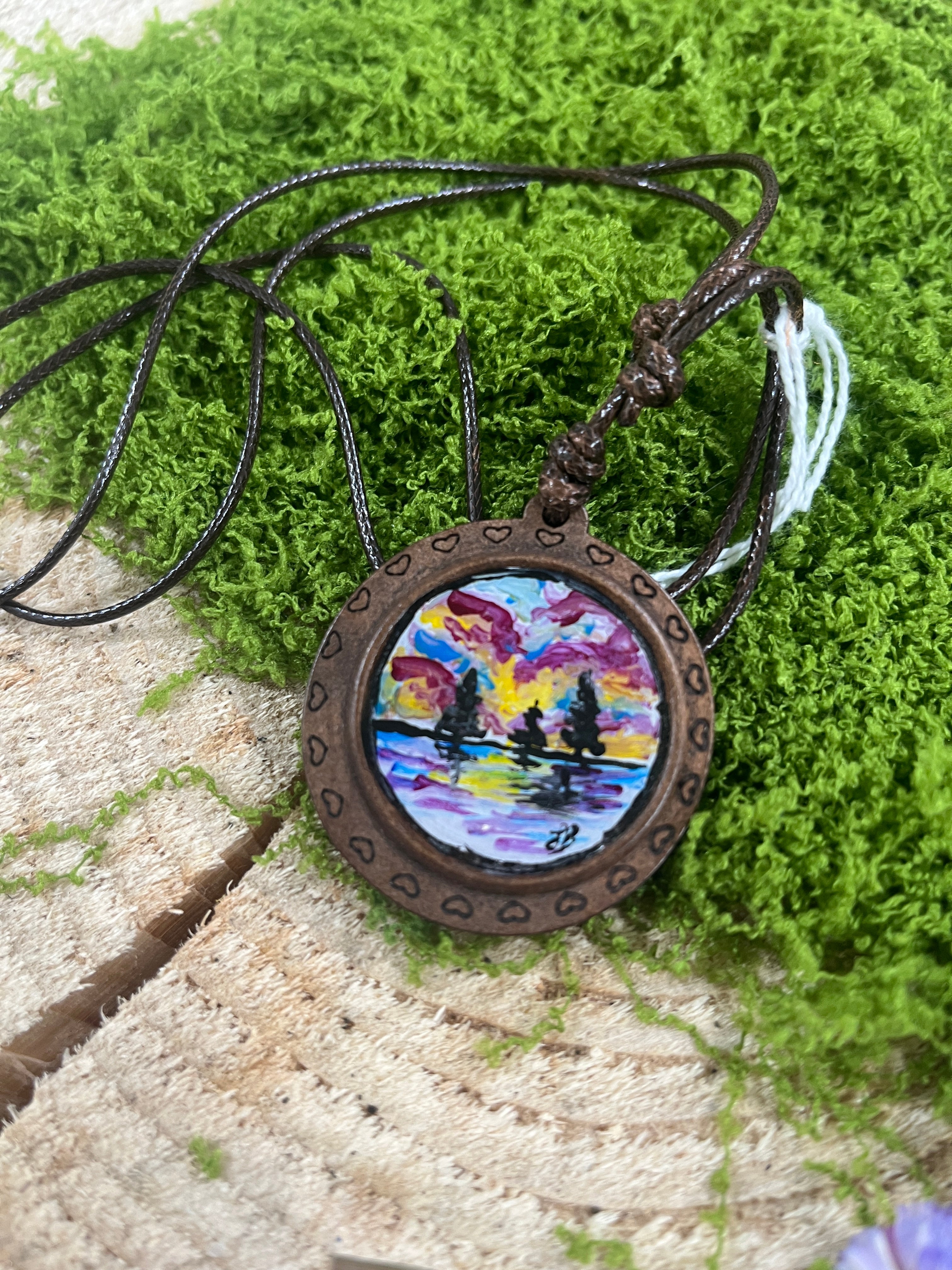 Hand Painted Mini Original Wooden Necklace, Unique Gift scenery-The Wild Fig &amp; Fern