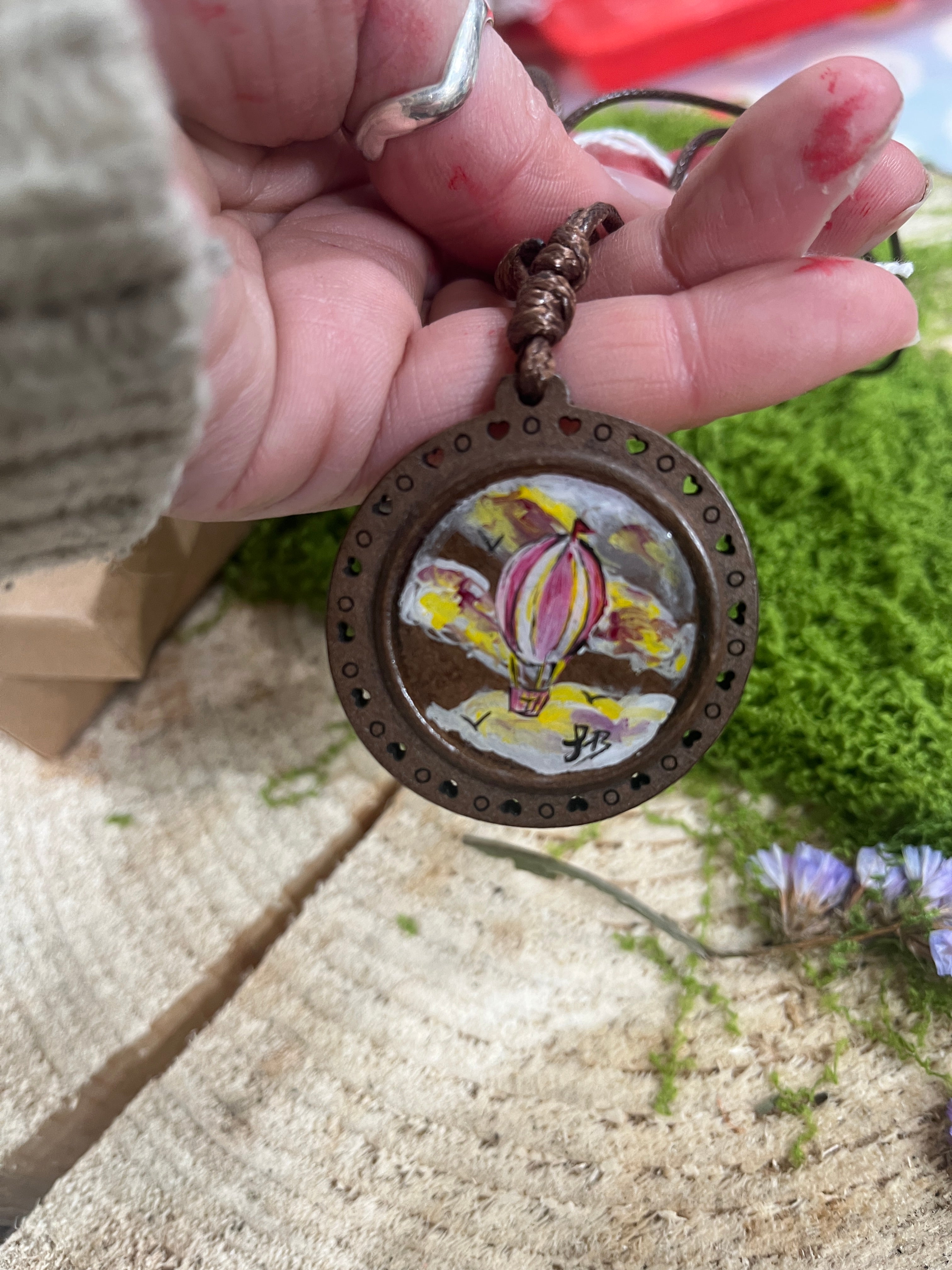 Hand Painted Mini Original Wooden Necklace, Unique Gift Hot Air Balloon-The Wild Fig &amp; Fern