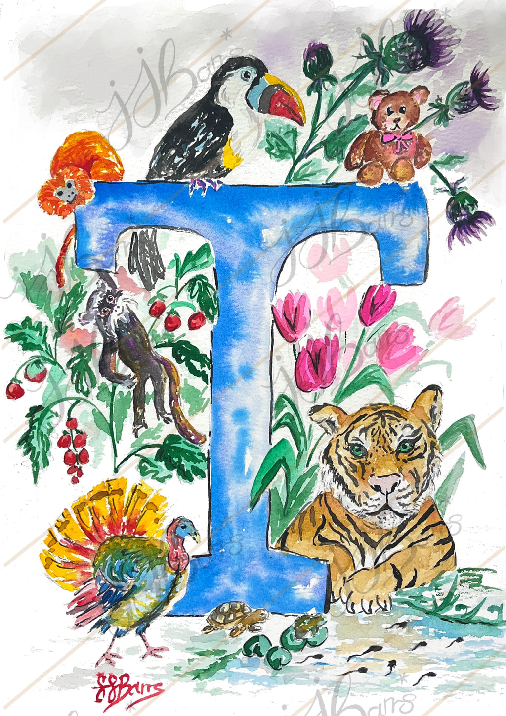 *T* A4/A3 Custom Name And Letter, Watercolour Art Print