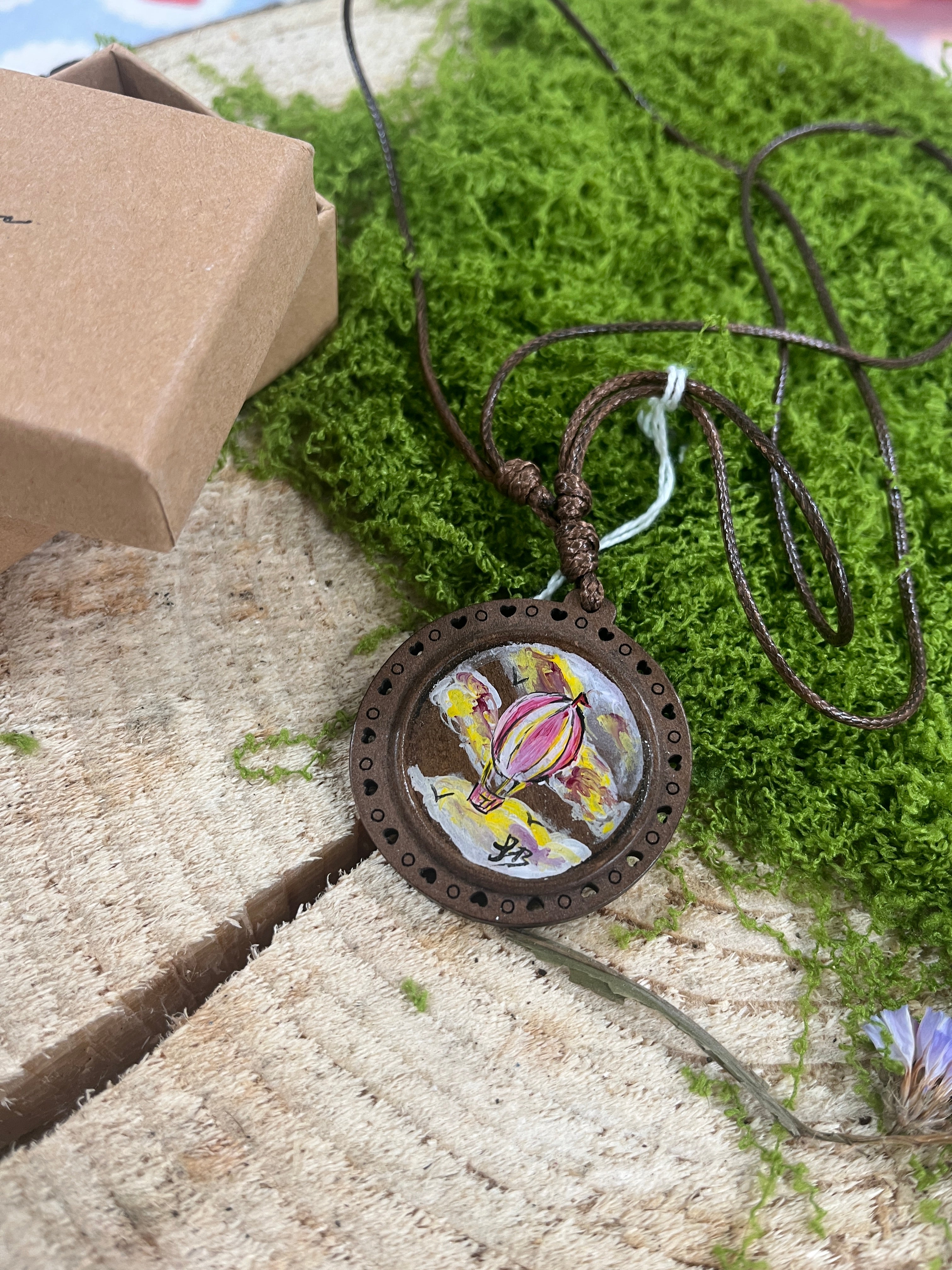 Hand Painted Mini Original Wooden Necklace, Unique Gift Hot Air Balloon-The Wild Fig &amp; Fern