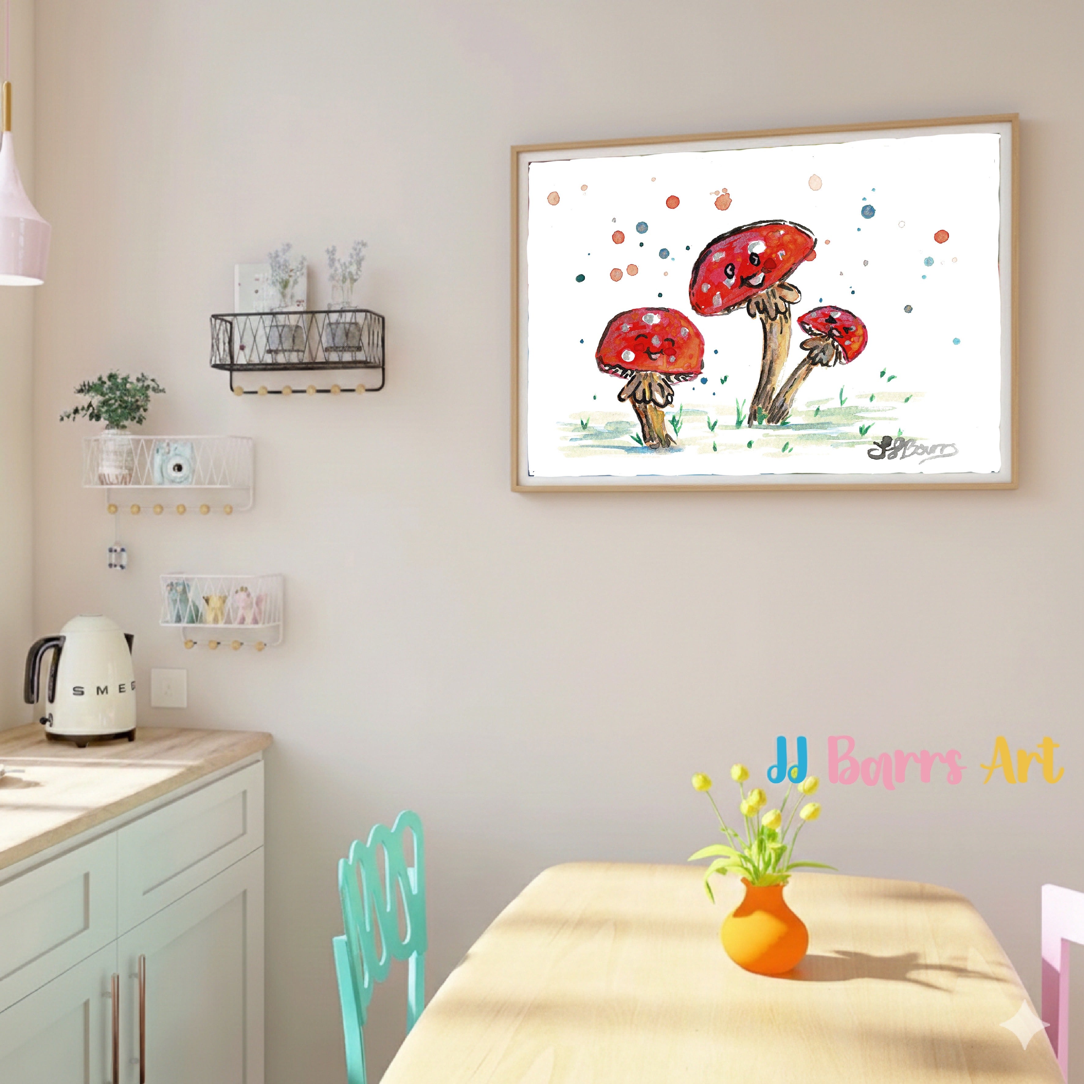 Colourful ‘Mushroom family’ JJ Barrs using colourful watercolour l fine art Painting Print