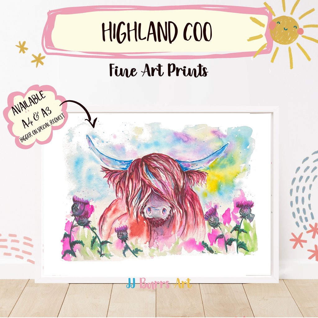 Colourful ‘Highland Coo’  cow JJ Barrs using colourful watercolour l fine art Painting Print