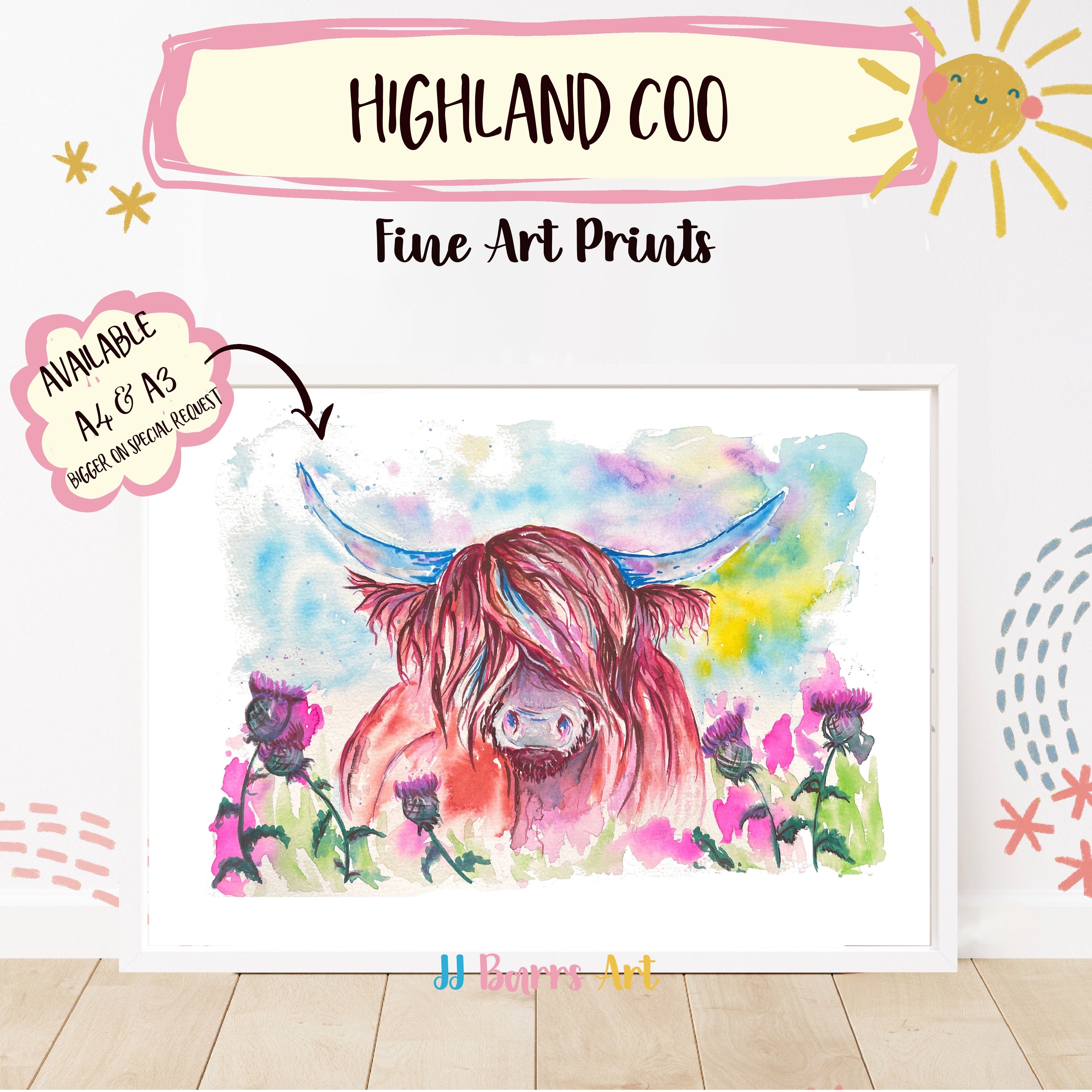 Colourful ‘Highland Coo’  cow JJ Barrs using colourful watercolour l fine art Painting Print