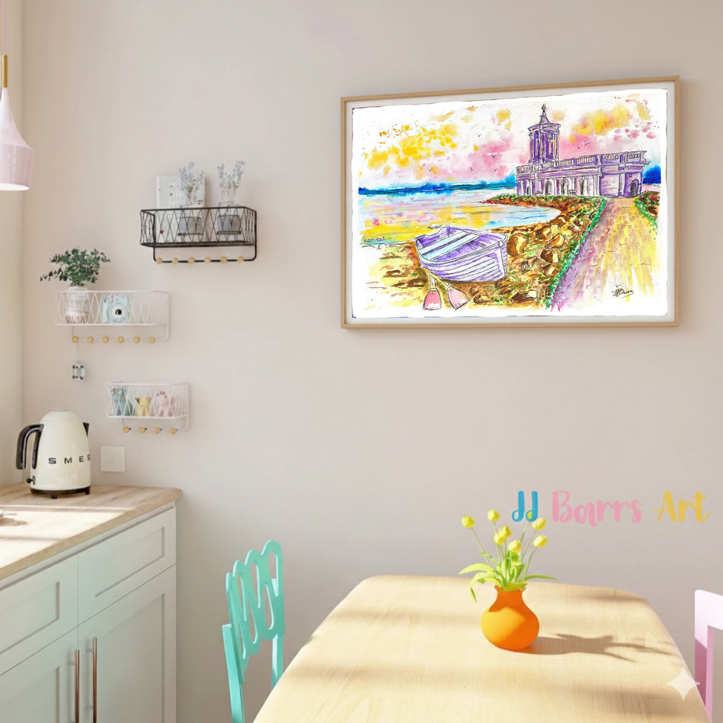 Colourful ‘Normanton Church’ Rutland water art JJ Barrs using colourful watercolour l fine art Painting Print