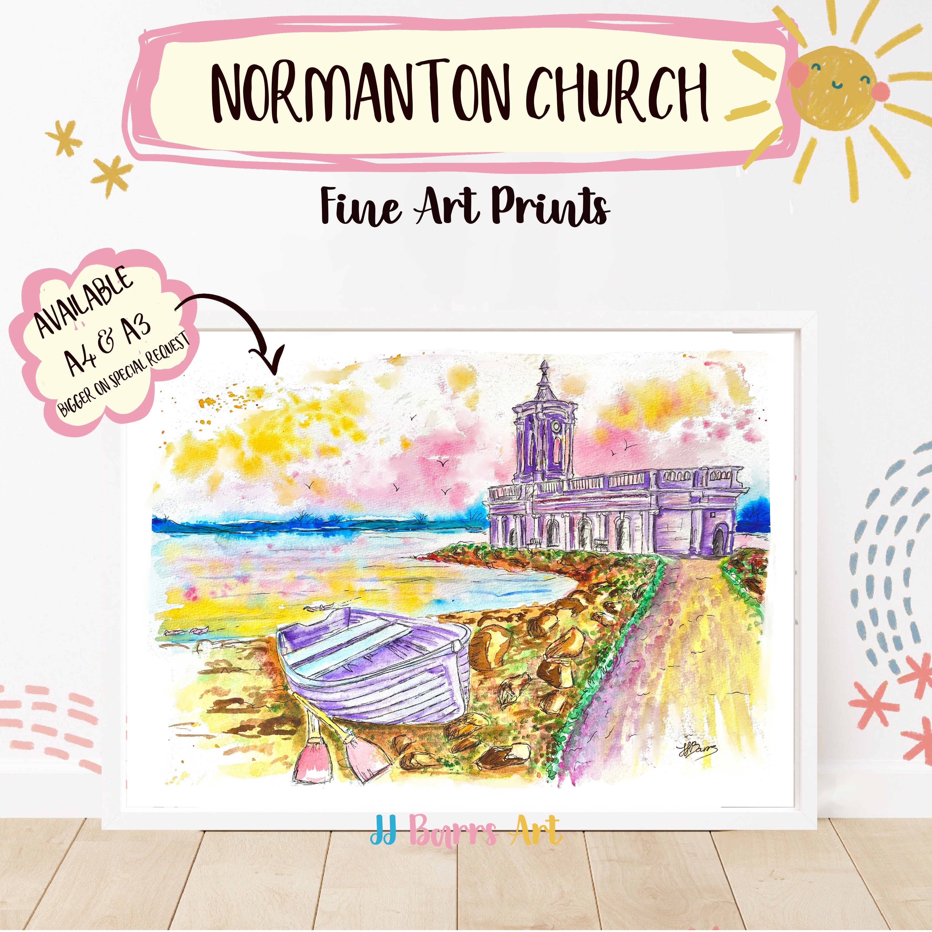 Colourful ‘Normanton Church’ Rutland water art JJ Barrs using colourful watercolour l fine art Painting Print