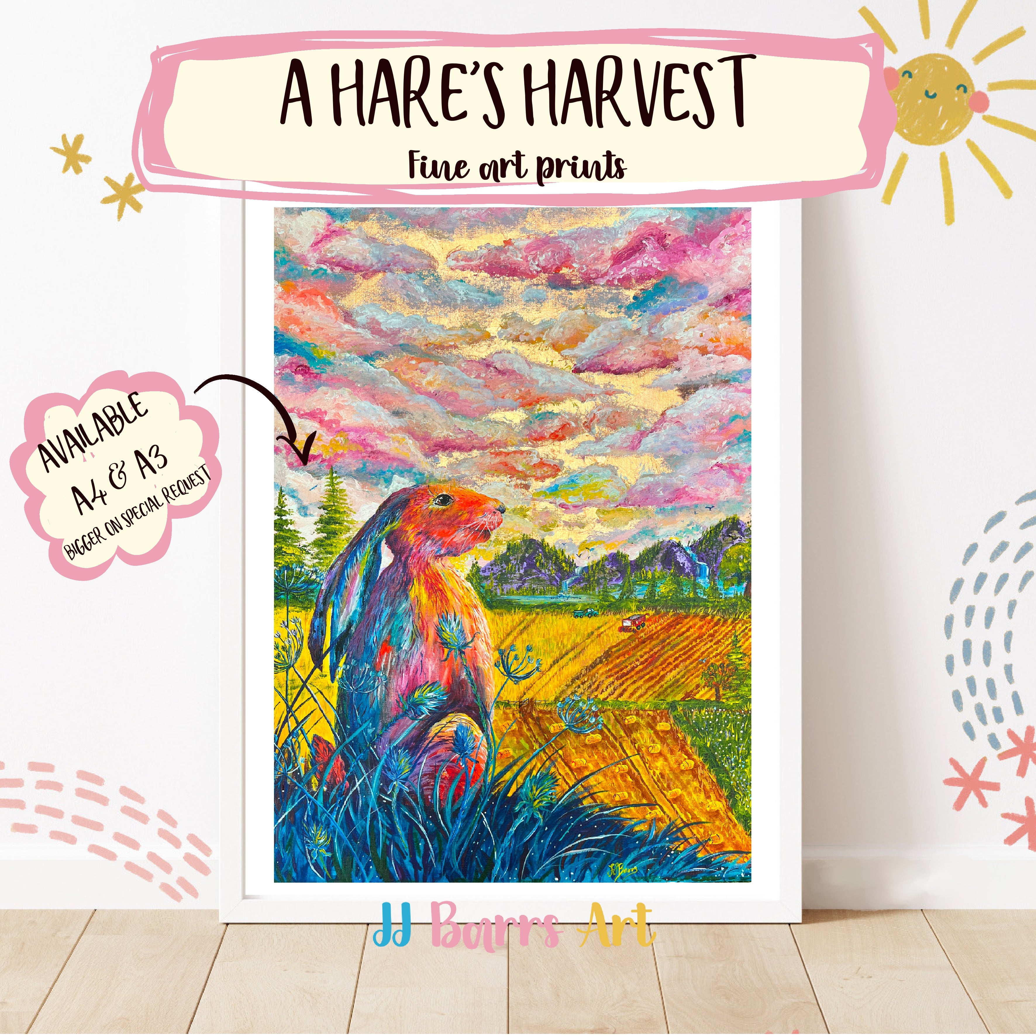 Colourful A Hare’s Harvest Painting Prints, made from acrylic painting image 0
