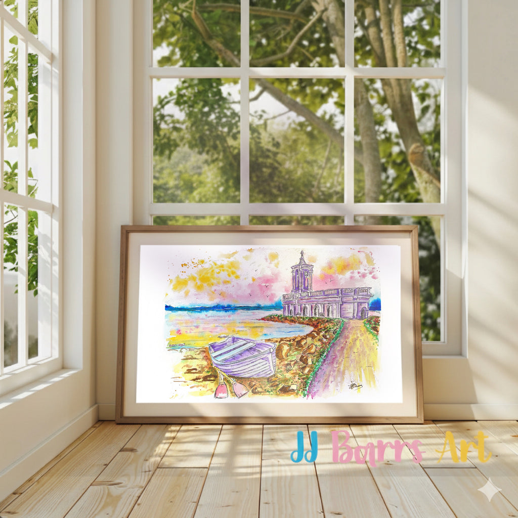 Colourful ‘Normanton Church’ Rutland water art JJ Barrs using colourful watercolour l fine art Painting Print