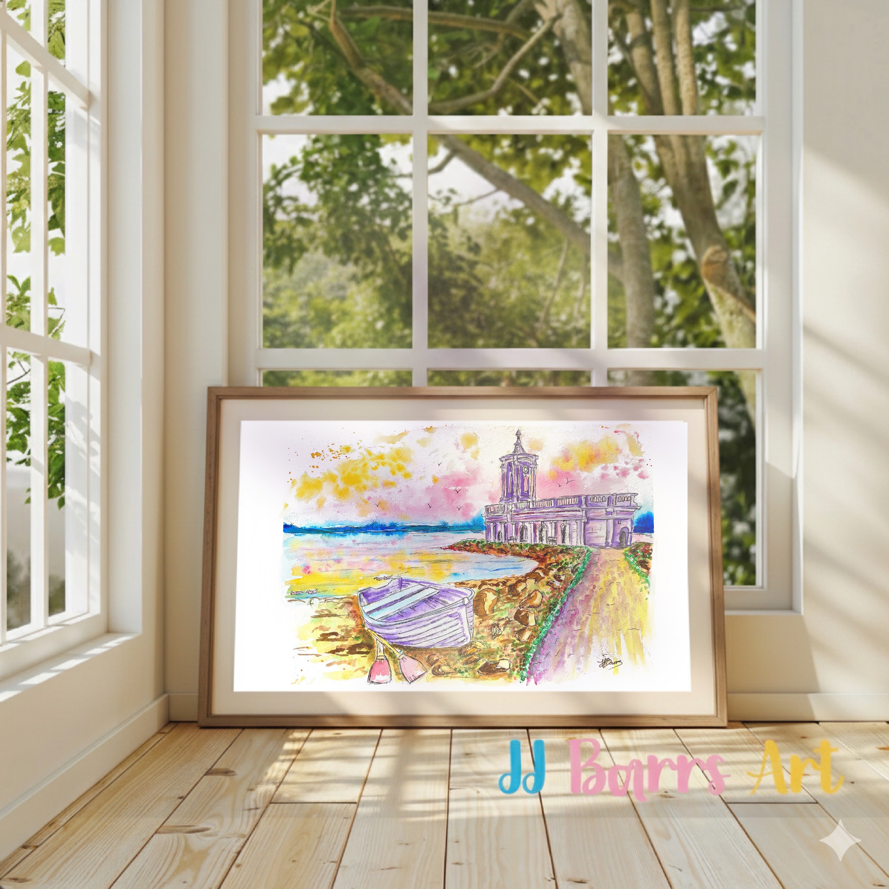 Colourful ‘Normanton Church’ Rutland water art JJ Barrs using colourful watercolour l fine art Painting Print