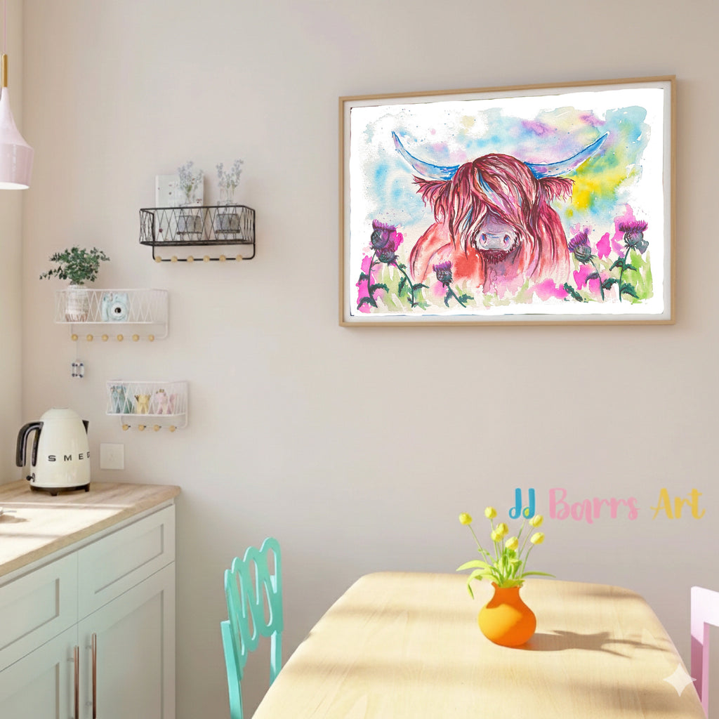 Colourful ‘Highland Coo’  cow JJ Barrs using colourful watercolour l fine art Painting Print
