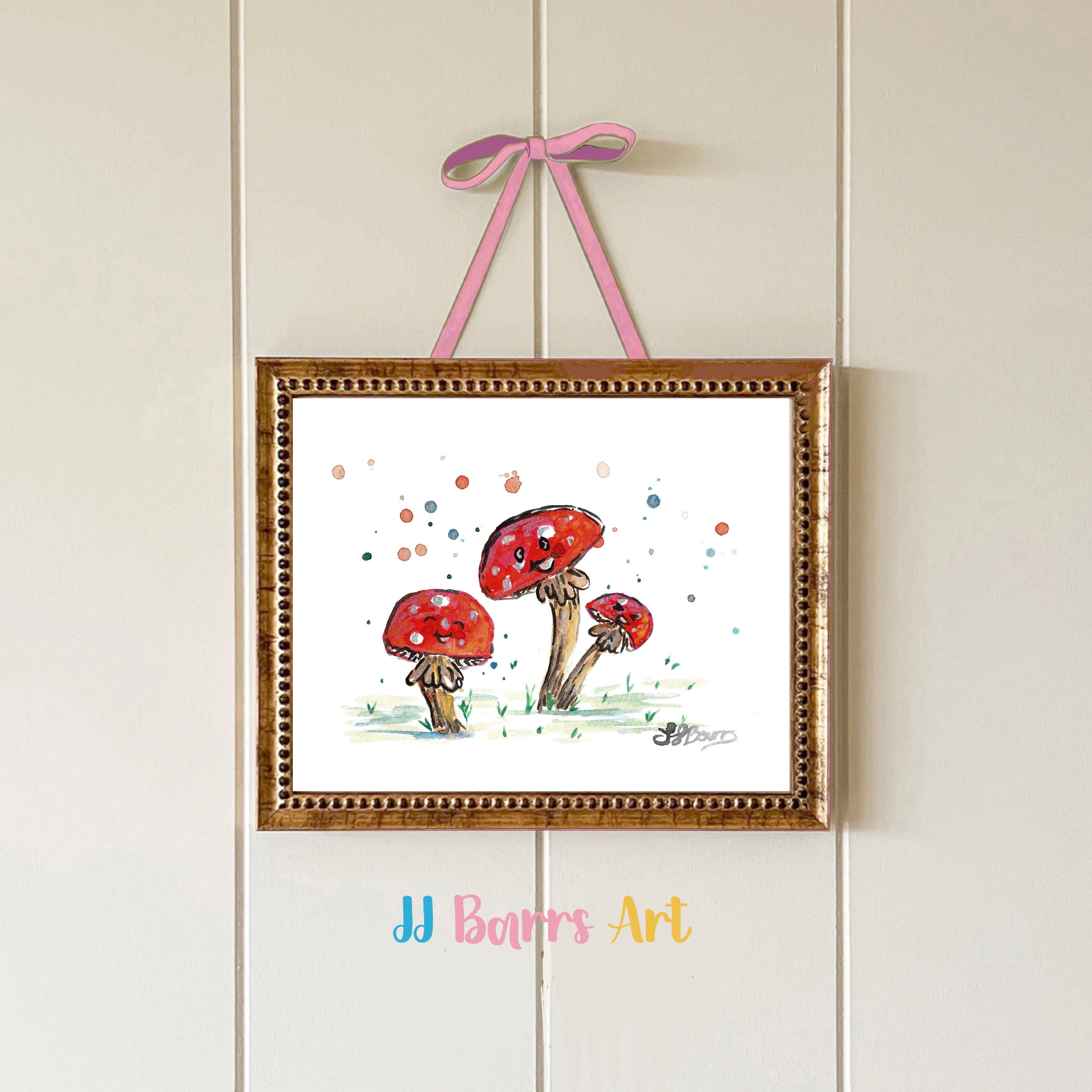 Colourful ‘Mushroom family’ JJ Barrs using colourful watercolour l fine art Painting Print