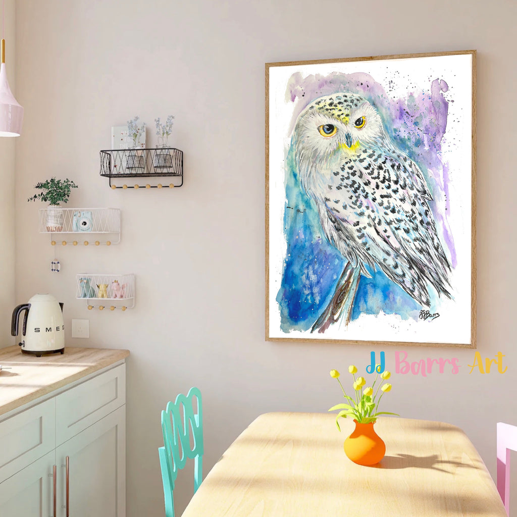 Colourful ‘Snowey Owl’  JJ Barrs using colourful watercolour l fine art Painting Print
