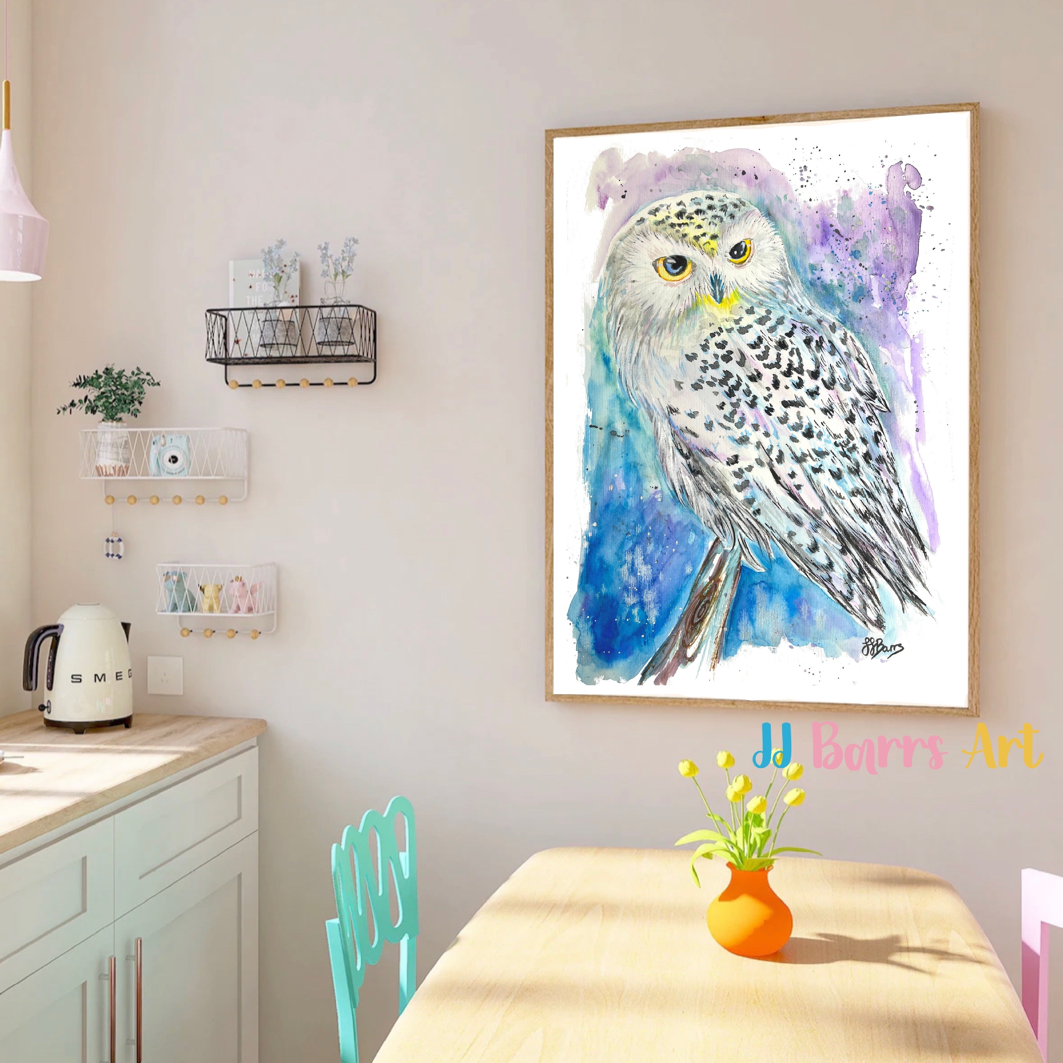Colourful ‘Snowey Owl’  JJ Barrs using colourful watercolour l fine art Painting Print