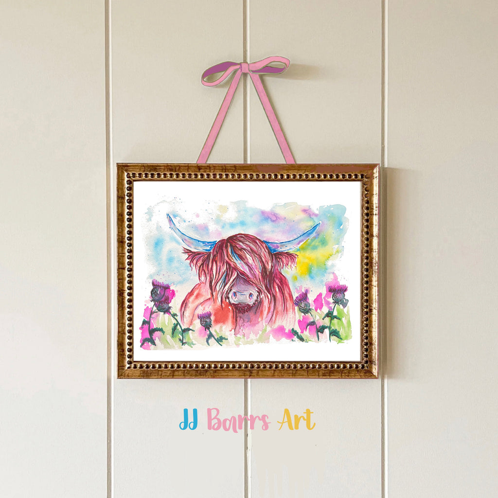 Colourful ‘Highland Coo’  cow JJ Barrs using colourful watercolour l fine art Painting Print