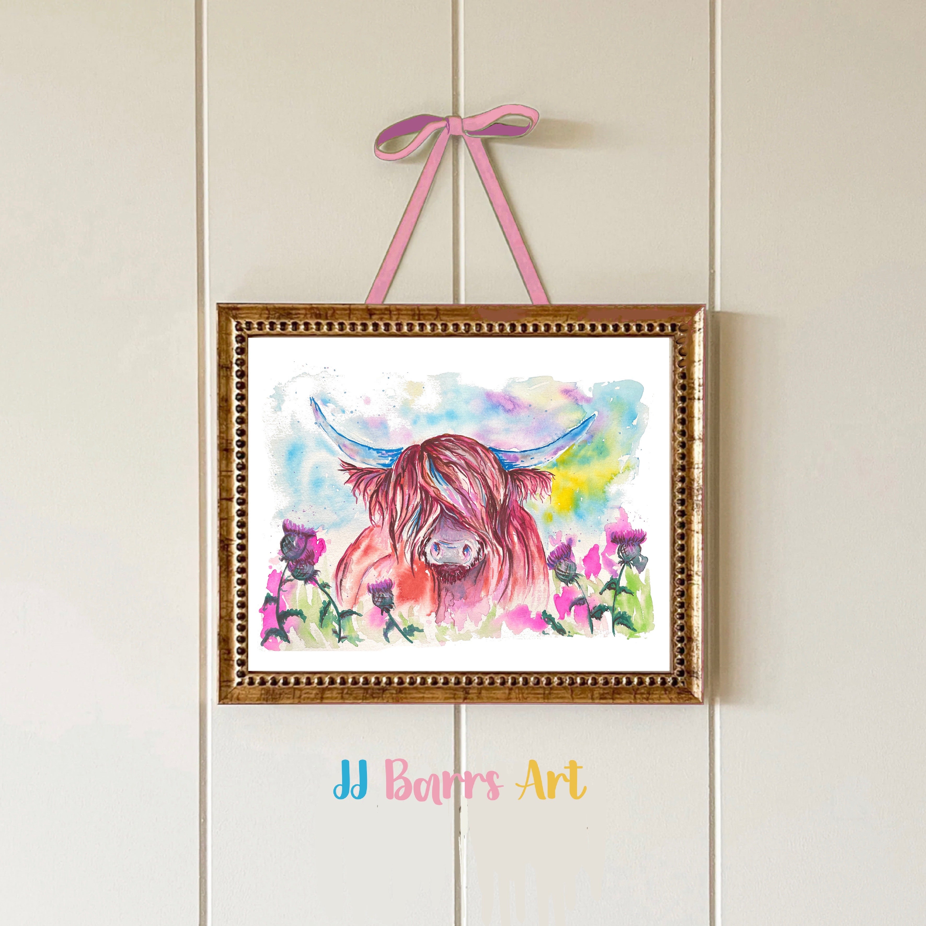 Colourful ‘Highland Coo’  cow JJ Barrs using colourful watercolour l fine art Painting Print