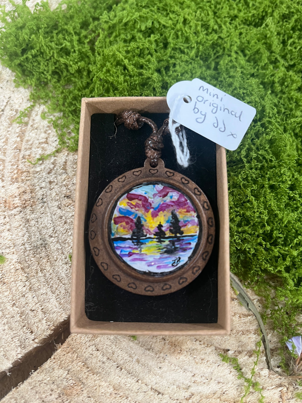 Hand Painted Mini Original Wooden Necklace, Unique Gift scenery-The Wild Fig &amp; Fern