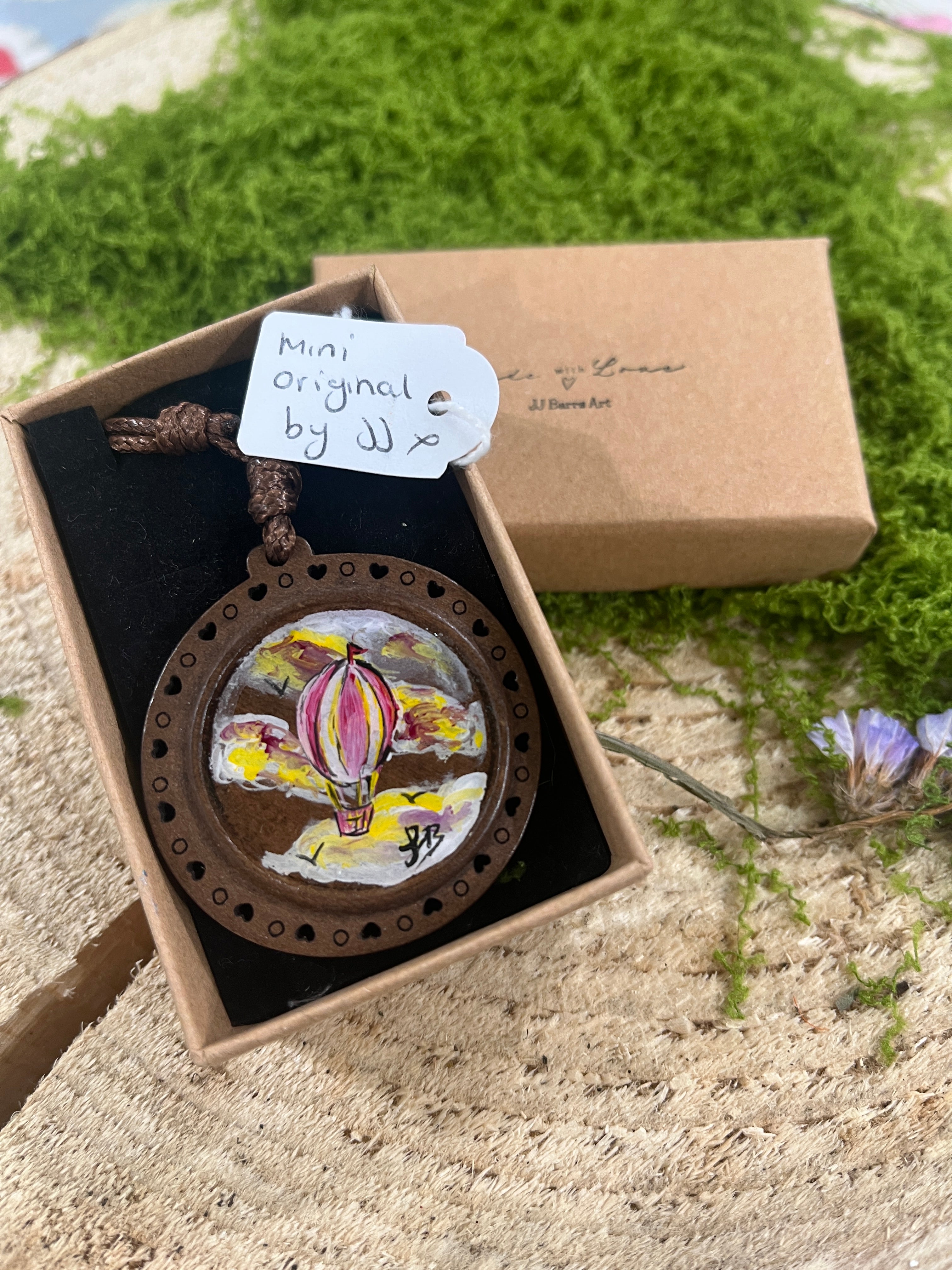Hand Painted Mini Original Wooden Necklace, Unique Gift Hot Air Balloon-The Wild Fig &amp; Fern