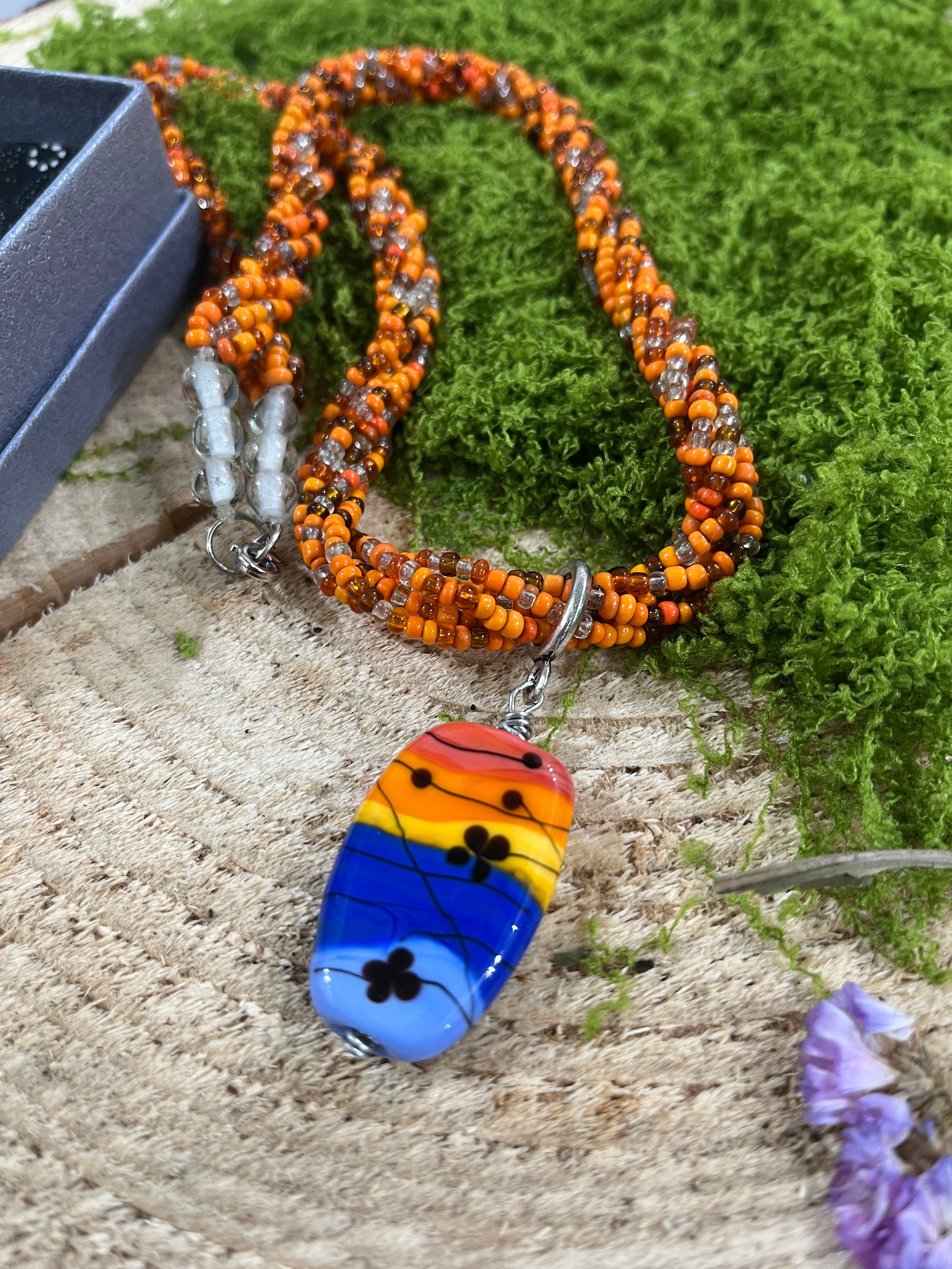 Handmade Glass Pendant With Beaded Chain-The Wild Fig &amp; Fern