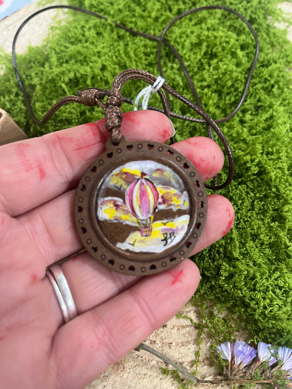 Hand Painted Mini Original Wooden Necklace, Unique Gift Hot Air Balloon-The Wild Fig &amp; Fern