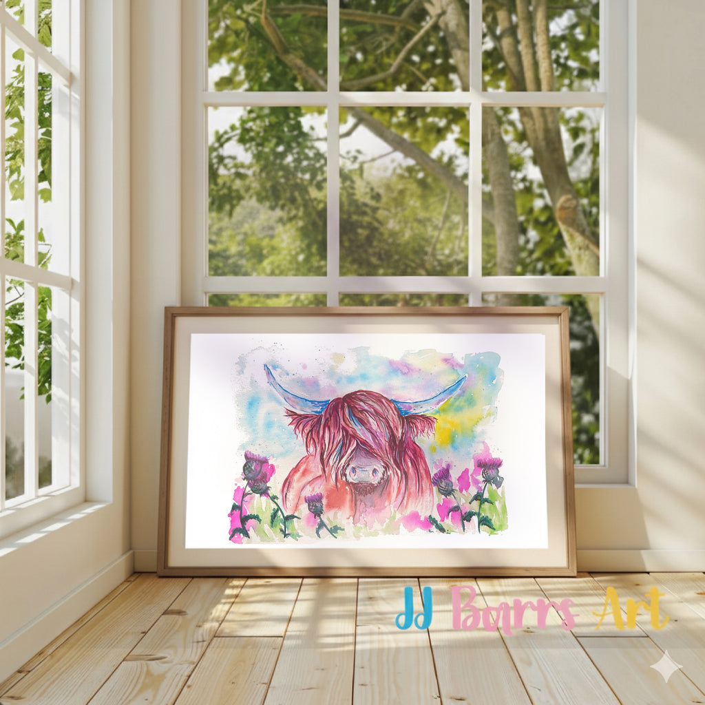 Colourful ‘Highland Coo’  cow JJ Barrs using colourful watercolour l fine art Painting Print