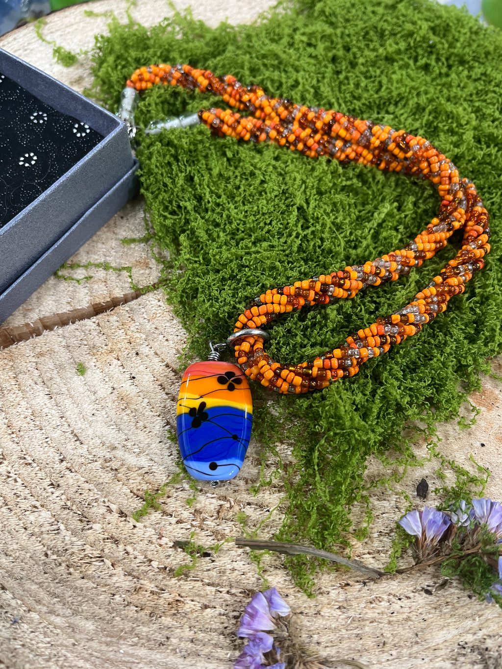 Handmade Glass Pendant With Beaded Chain-The Wild Fig &amp; Fern