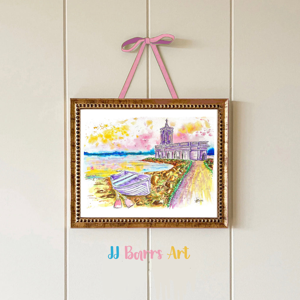 Colourful ‘Normanton Church’ Rutland water art JJ Barrs using colourful watercolour l fine art Painting Print