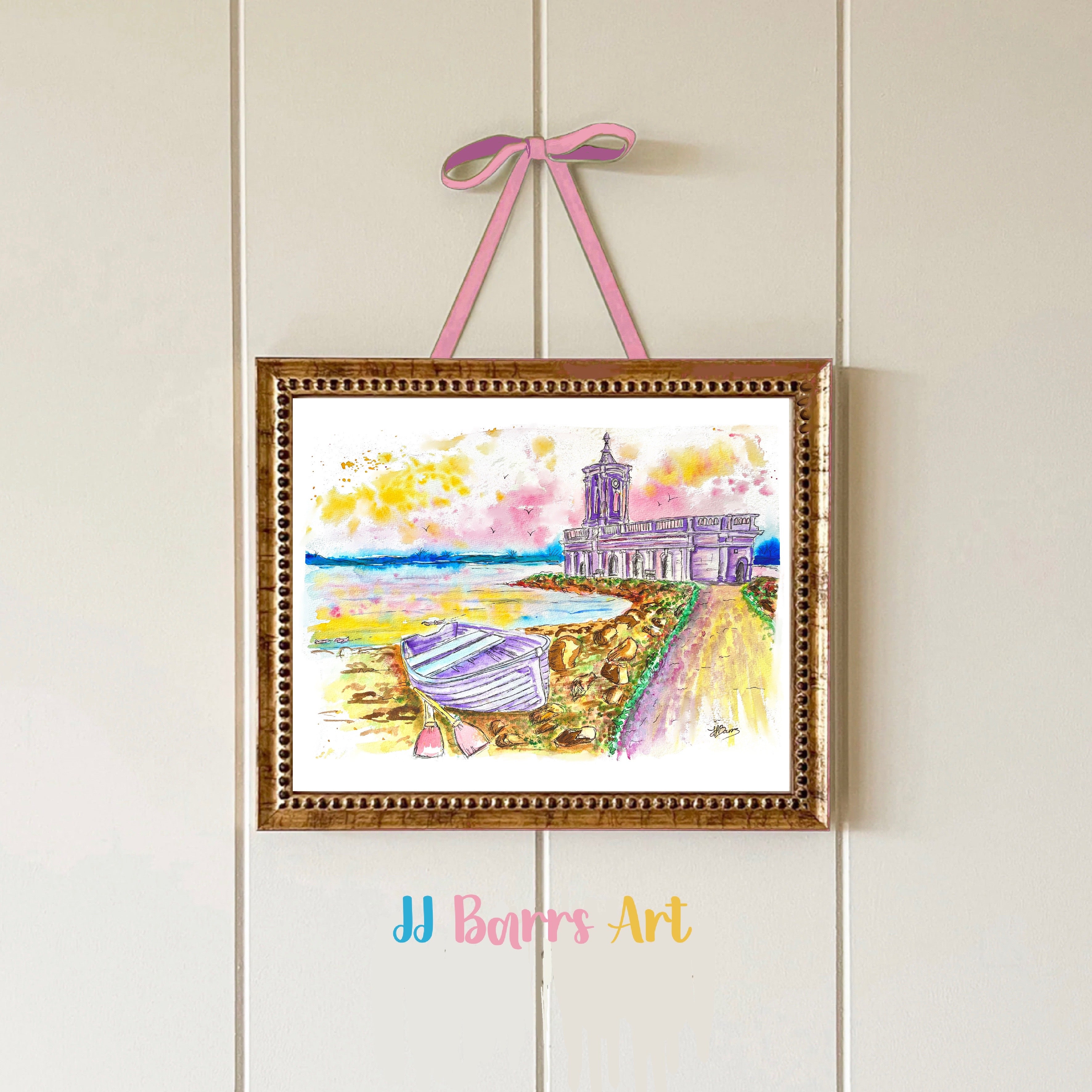 Colourful ‘Normanton Church’ Rutland water art JJ Barrs using colourful watercolour l fine art Painting Print