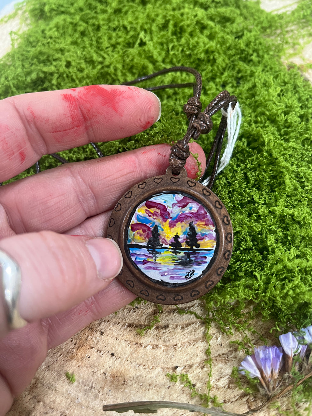 Hand Painted Mini Original Wooden Necklace, Unique Gift scenery-The Wild Fig &amp; Fern