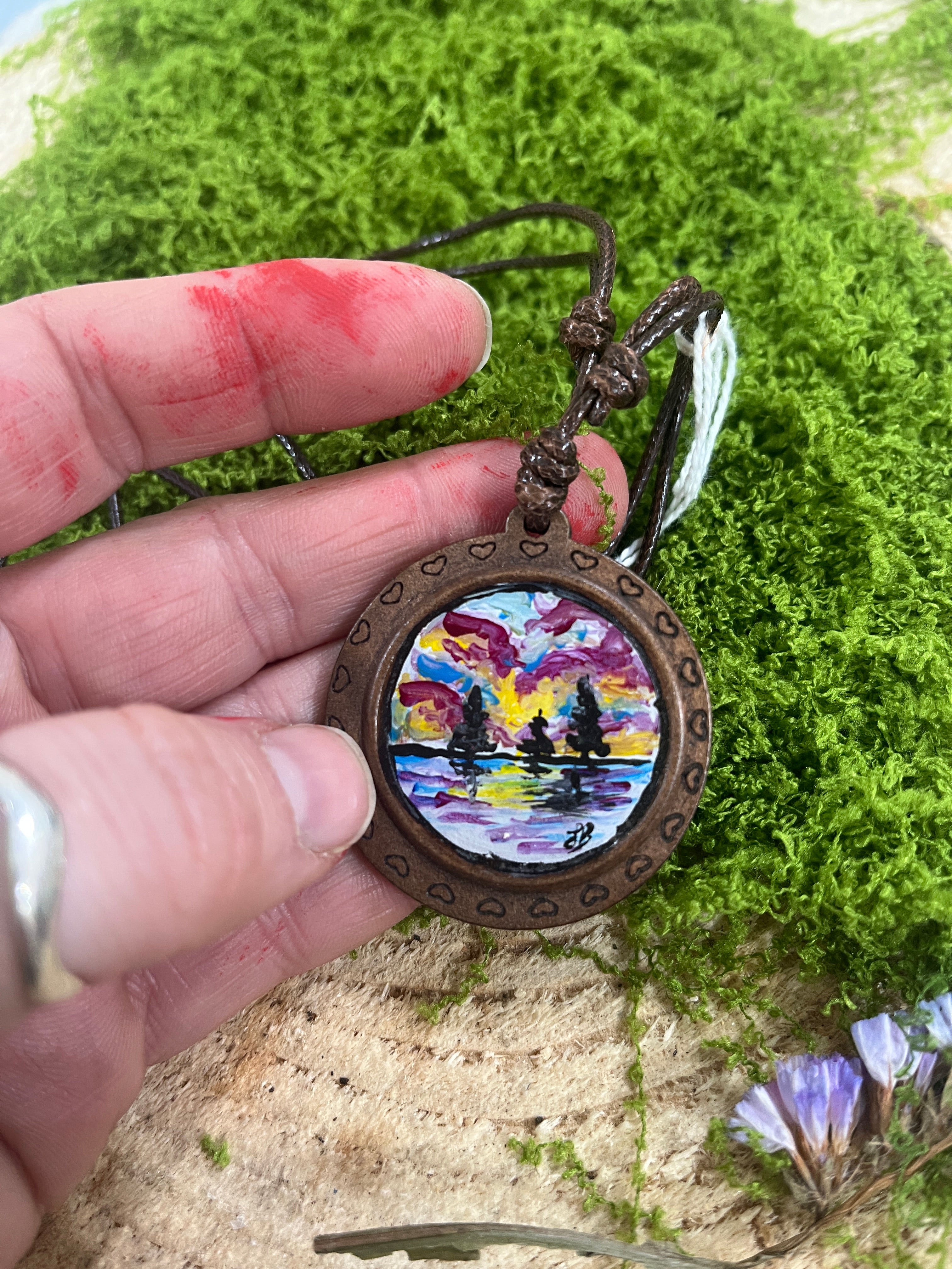 Hand Painted Mini Original Wooden Necklace, Unique Gift scenery-The Wild Fig &amp; Fern