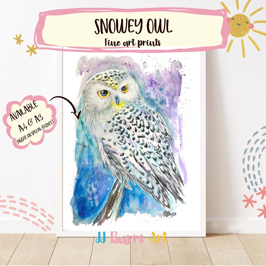 Colourful ‘Snowey Owl’  JJ Barrs using colourful watercolour l fine art Painting Print