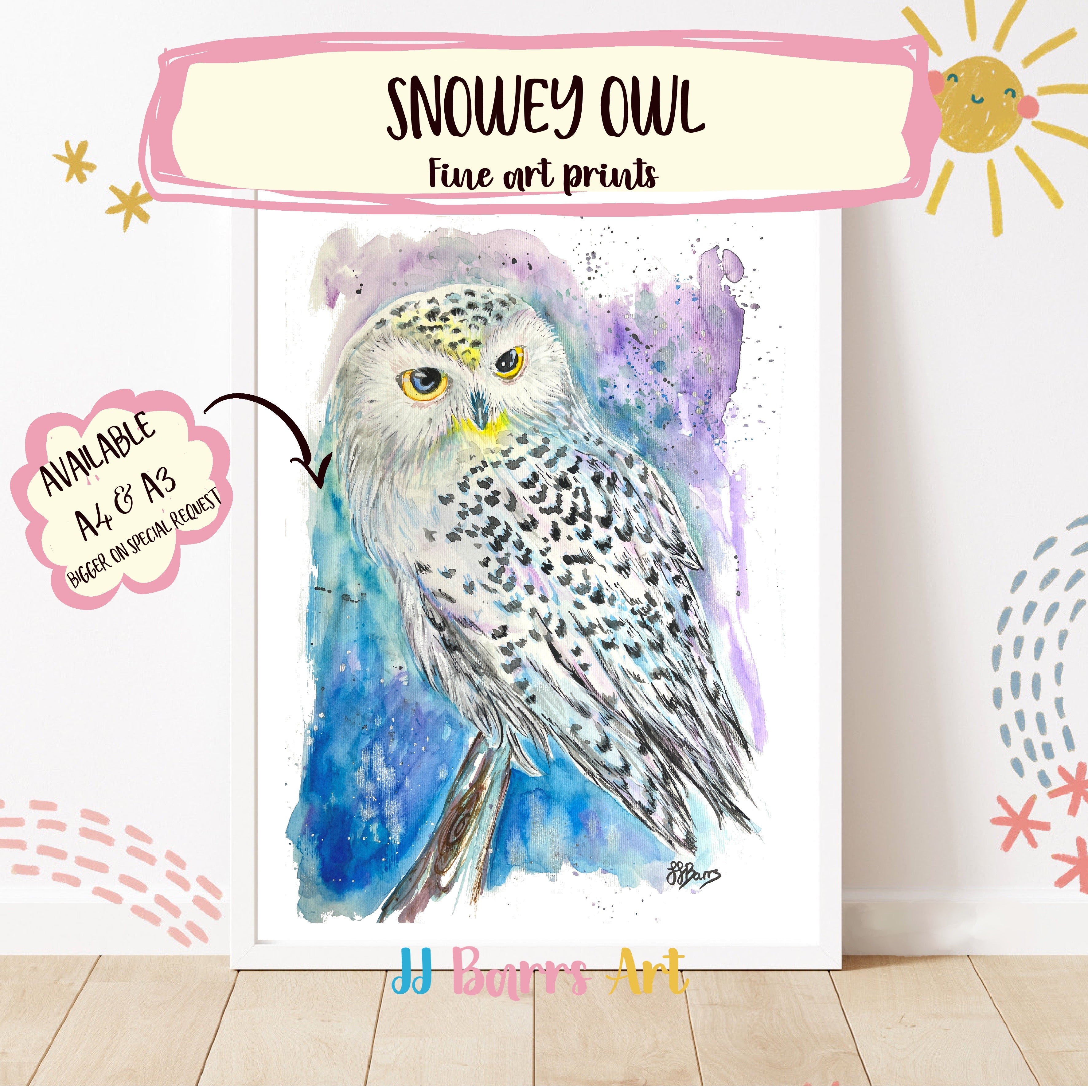 Colourful ‘Snowey Owl’  JJ Barrs using colourful watercolour l fine art Painting Print
