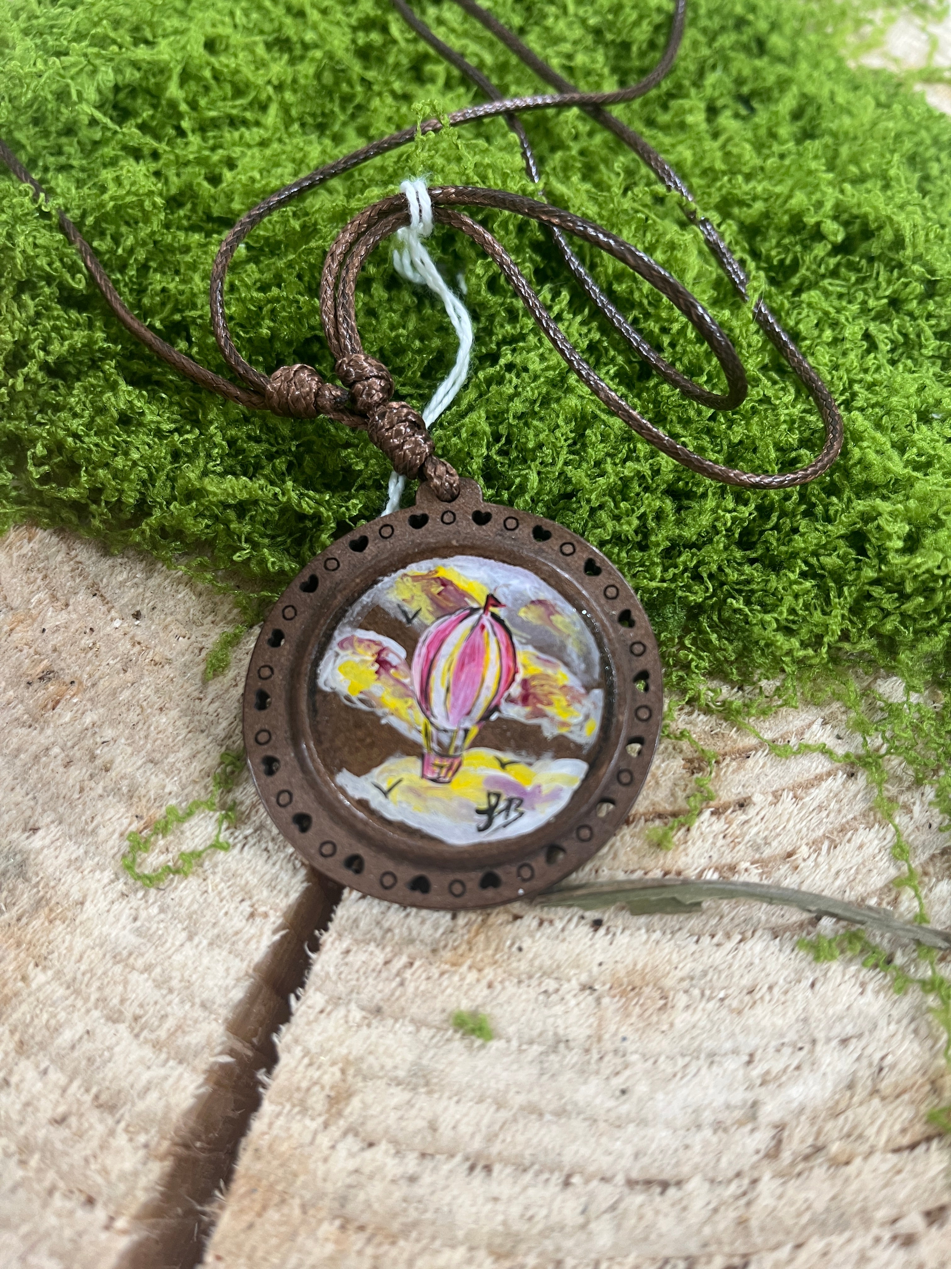 Hand Painted Mini Original Wooden Necklace, Unique Gift Hot Air Balloon-The Wild Fig &amp; Fern