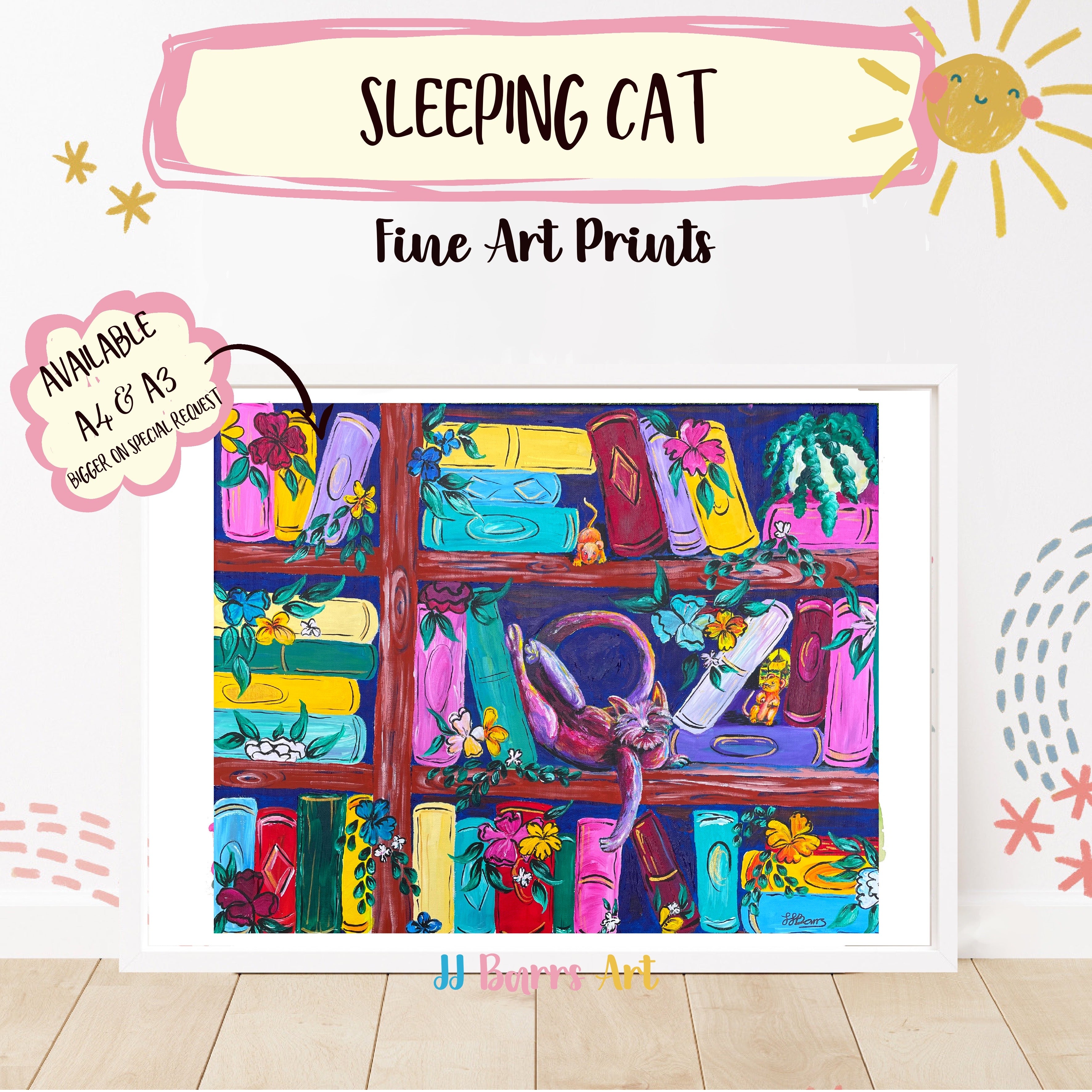 Colourful ‘Sleeping Cat’  JJ Barrs using colourful Acrylic l fine art Painting Print