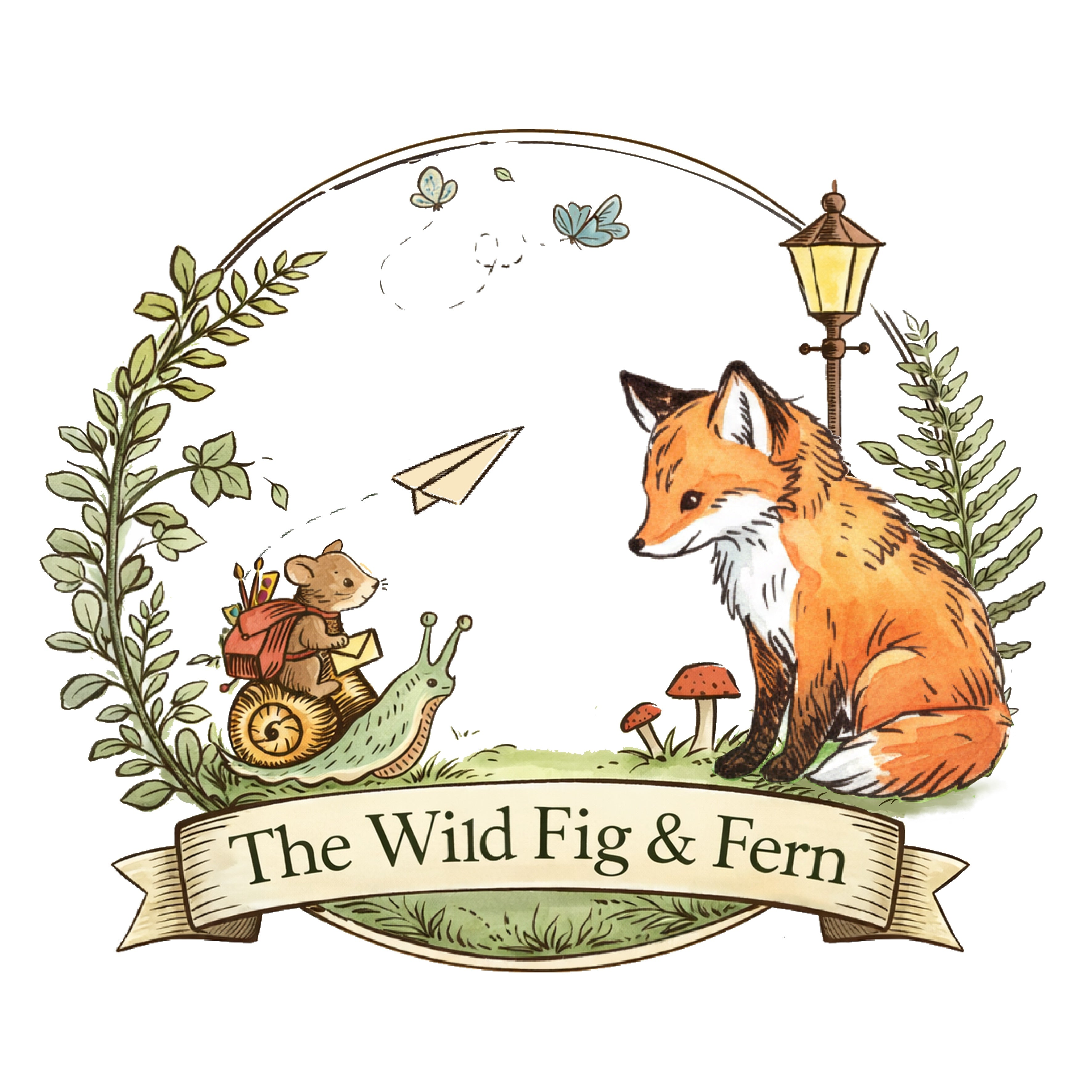 Illustration of a fox, bear, and snail with decorative elements and 'The Wild Fig & Fern' text. snail mail, mail club