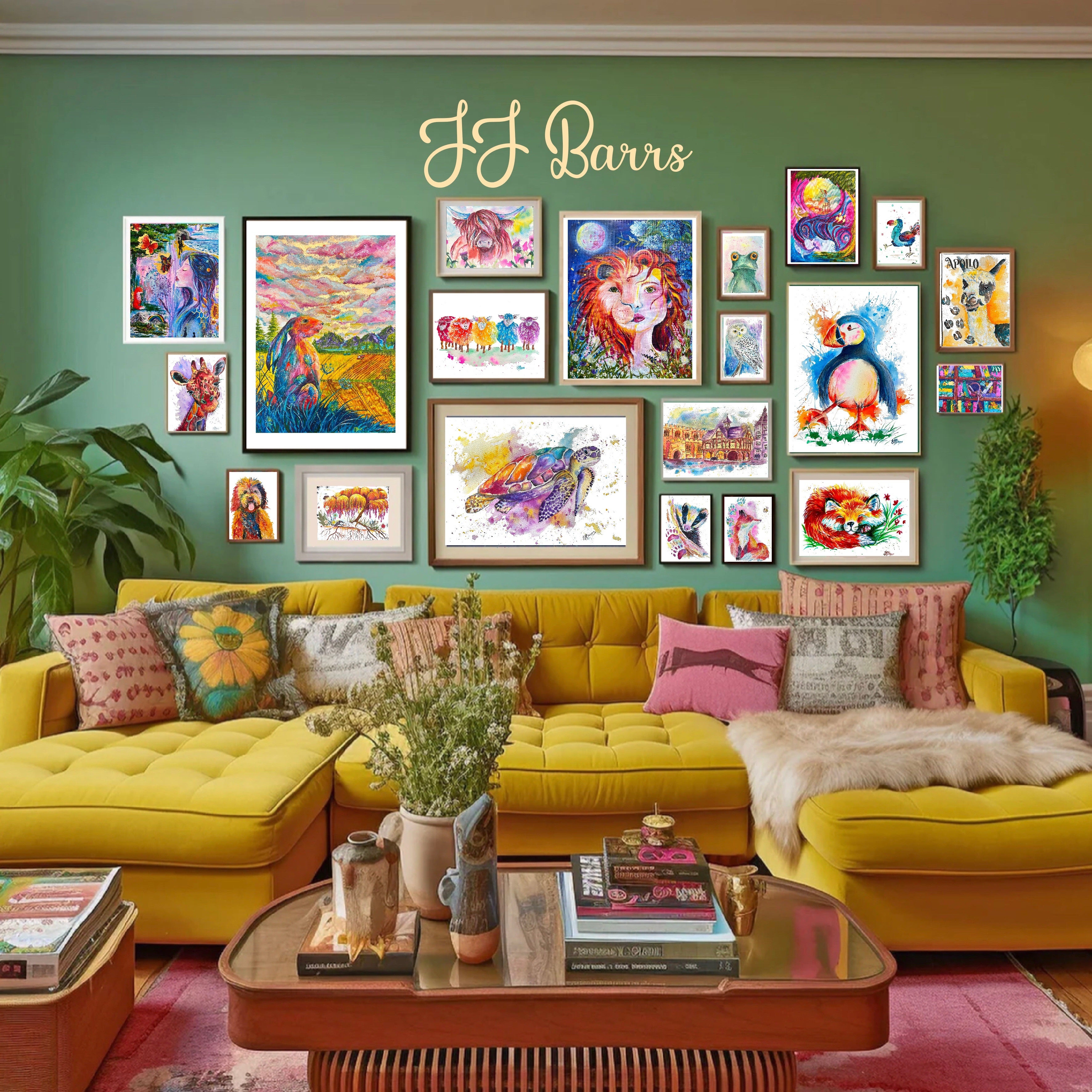 Colorful living room with a yellow sofa, coffee table, and wall art.