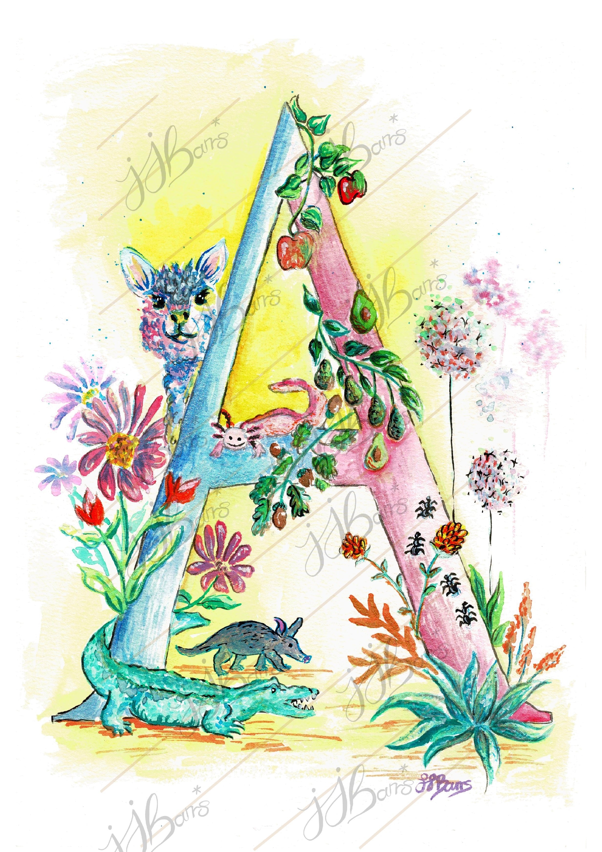 *A* A4/A3 Custom Name And Letter, Watercolour Art Print - The Wild Fig & Fern Buttercups Tearoom, JJ Barrs Art, Colourful Art, Gift Ideas, Market Harborough, Places to visit Leicestershire, Child Friendly, crafts, handmade, *A* A4/A3 Custom Name And Letter, Watercolour Art Print