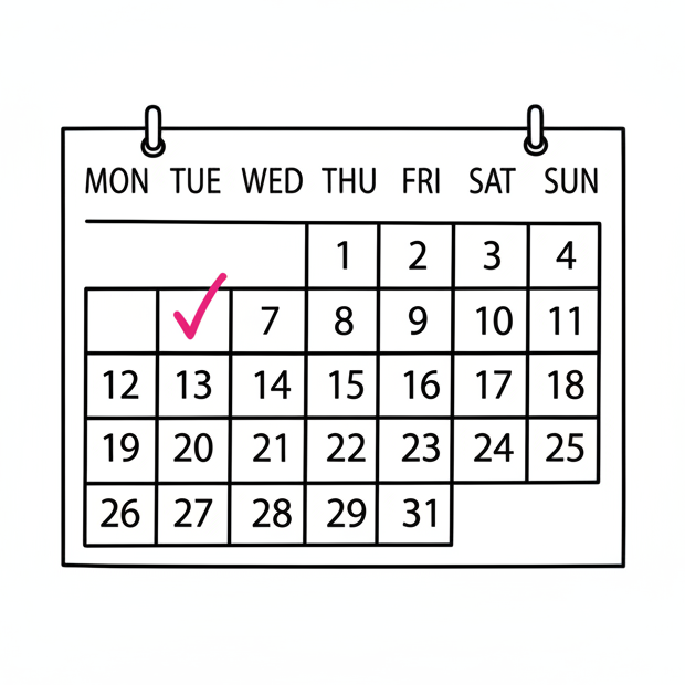 a black and while drawing icon of a calendar with a small pink tick on a day of the month