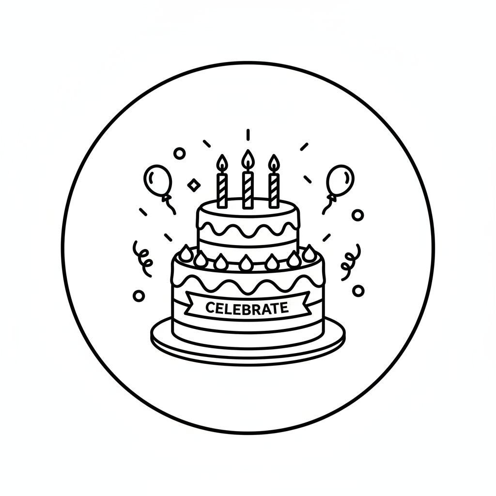 a line drawing icon showing a celebration with cake