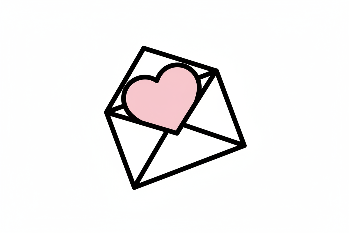a simple black and white drawing of an envelope with a pink heart inside