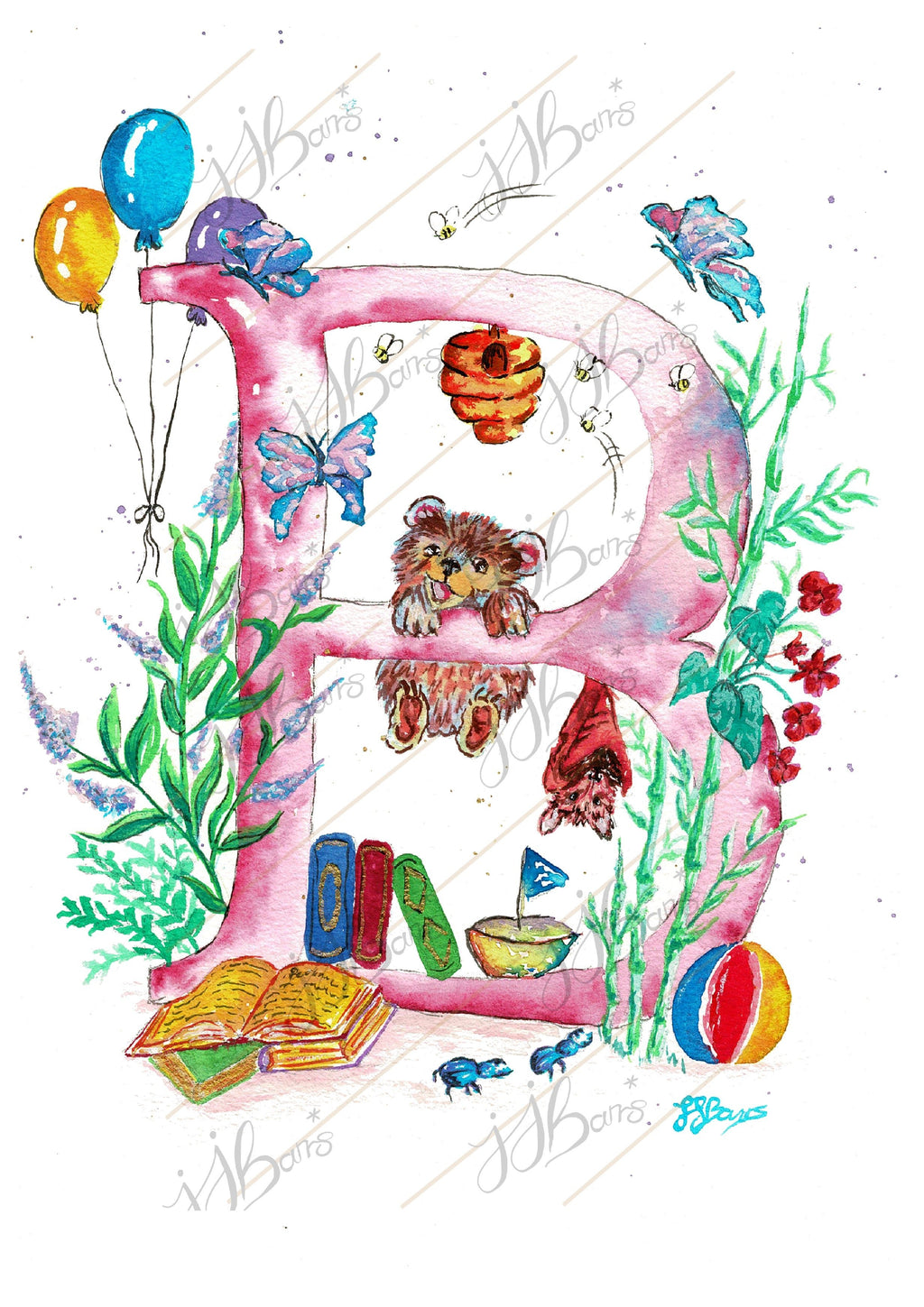 *B* A4/A3 Custom Name And Letter, Watercolour Art Print - The Wild Fig & Fern Buttercups Tearoom, JJ Barrs Art, Colourful Art, Gift Ideas, Market Harborough, Places to visit Leicestershire, Child Friendly, crafts, handmade, *B* A4/A3 Custom Name And Letter, Watercolour Art Print