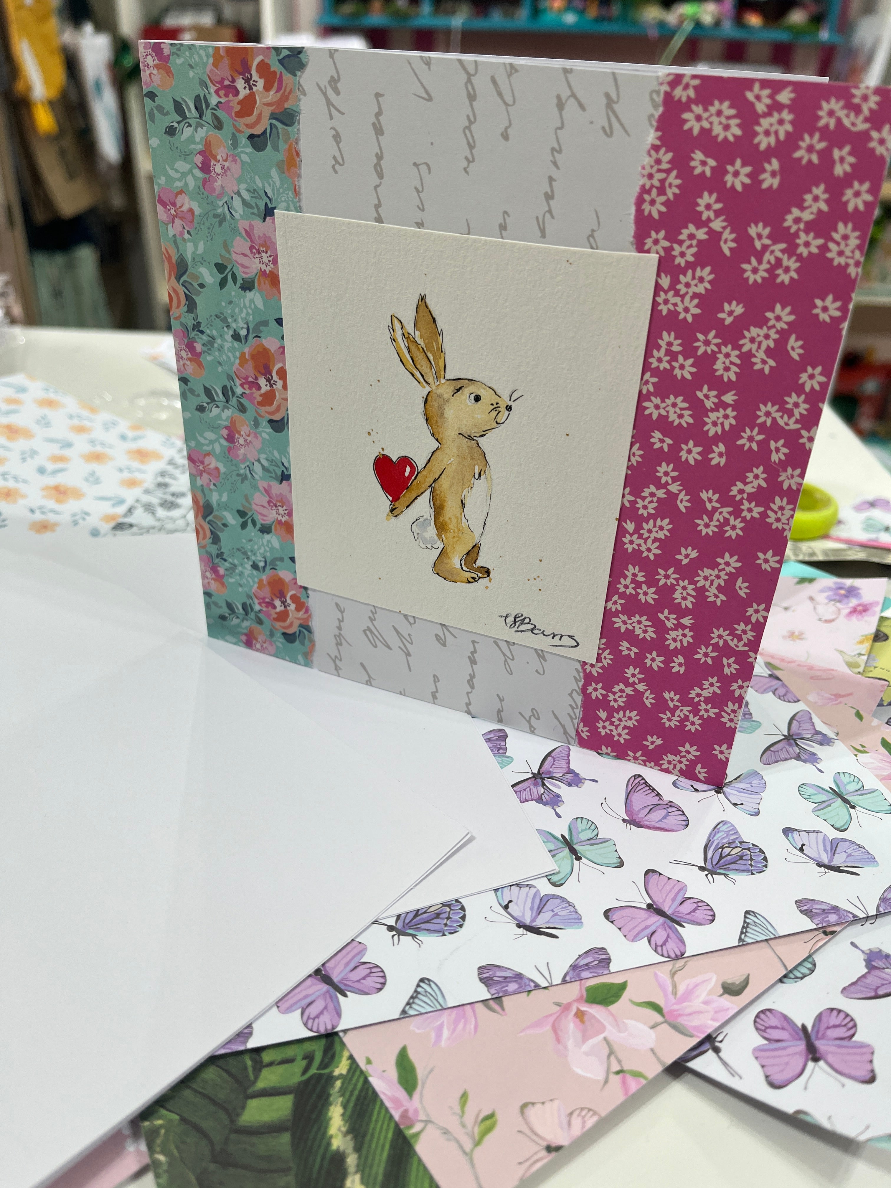 card making craft set, scrap card stickers & stamps the wild fig and fern, a cute hand painted bunny holding a heart behind his back