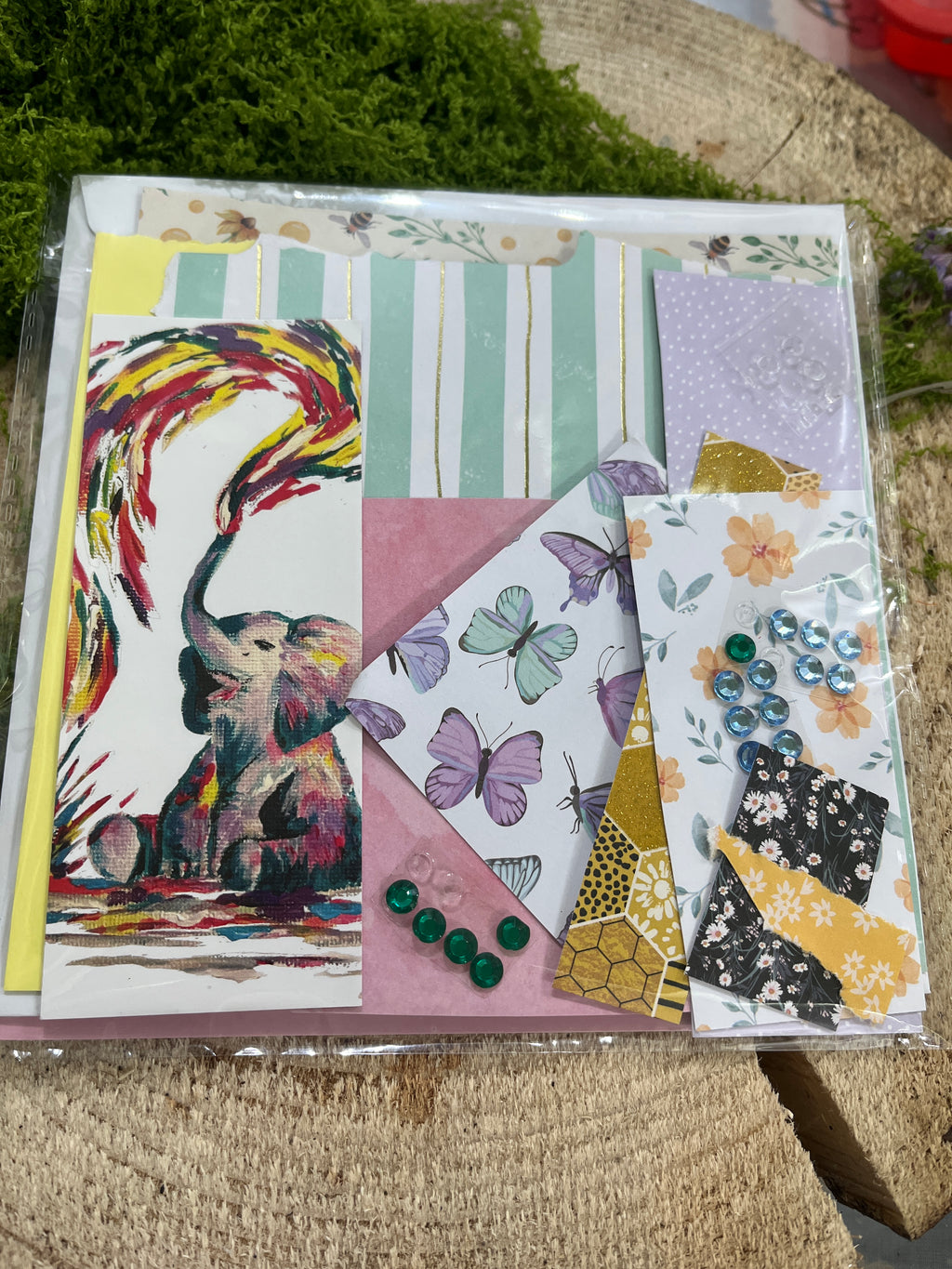 card making craft set, scrap card stickers & stamps the wild fig and fern on a wooden background with greenary