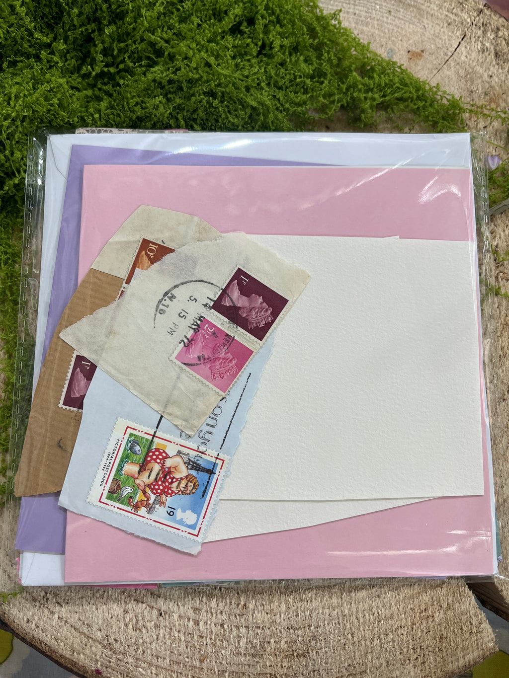 card making craft set, scrap card stickers & stamps with a pink and purple card and envelopes