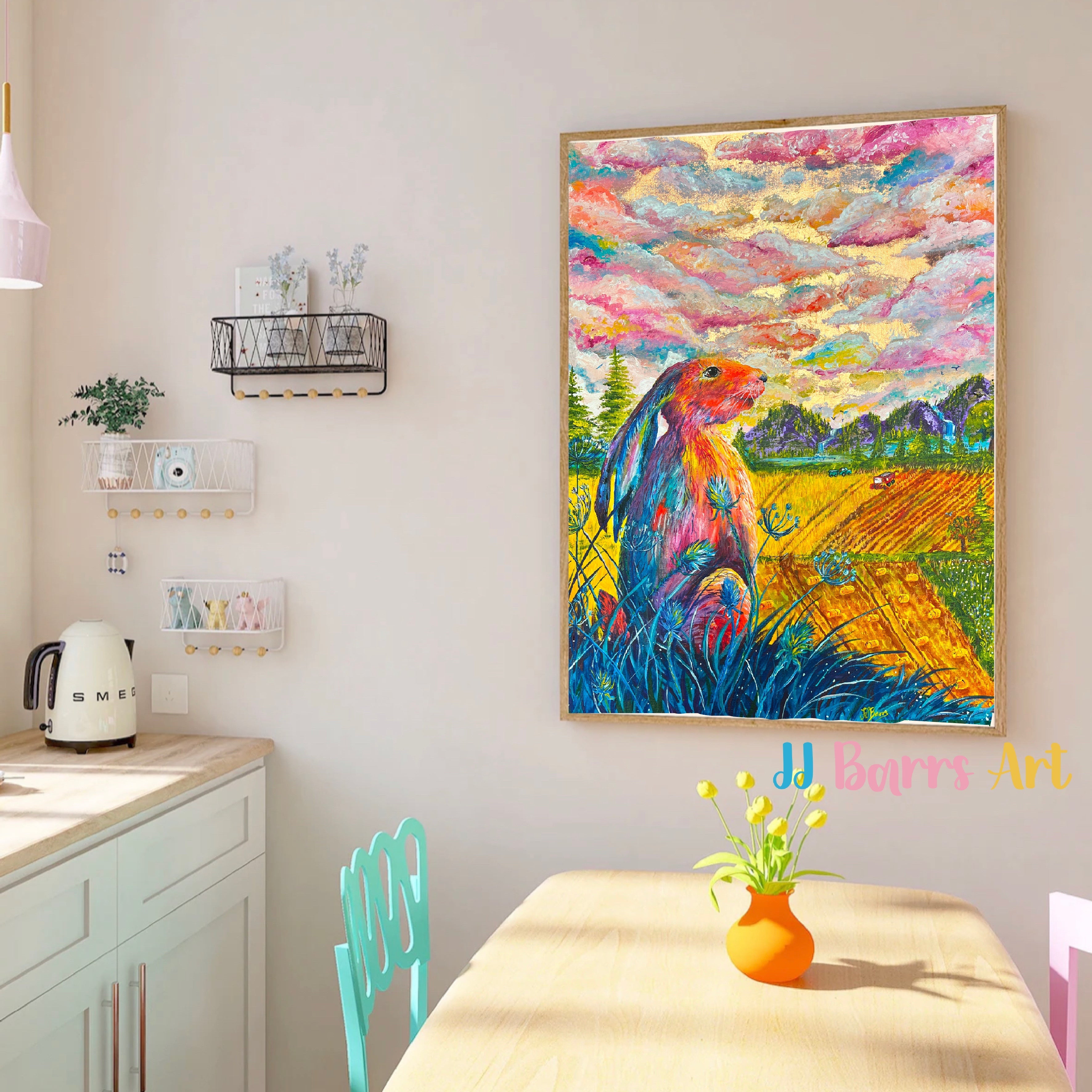 Colourful A Hare’s Harvest Painting Prints, made from acrylic painting-The Wild Fig &amp; Fern
